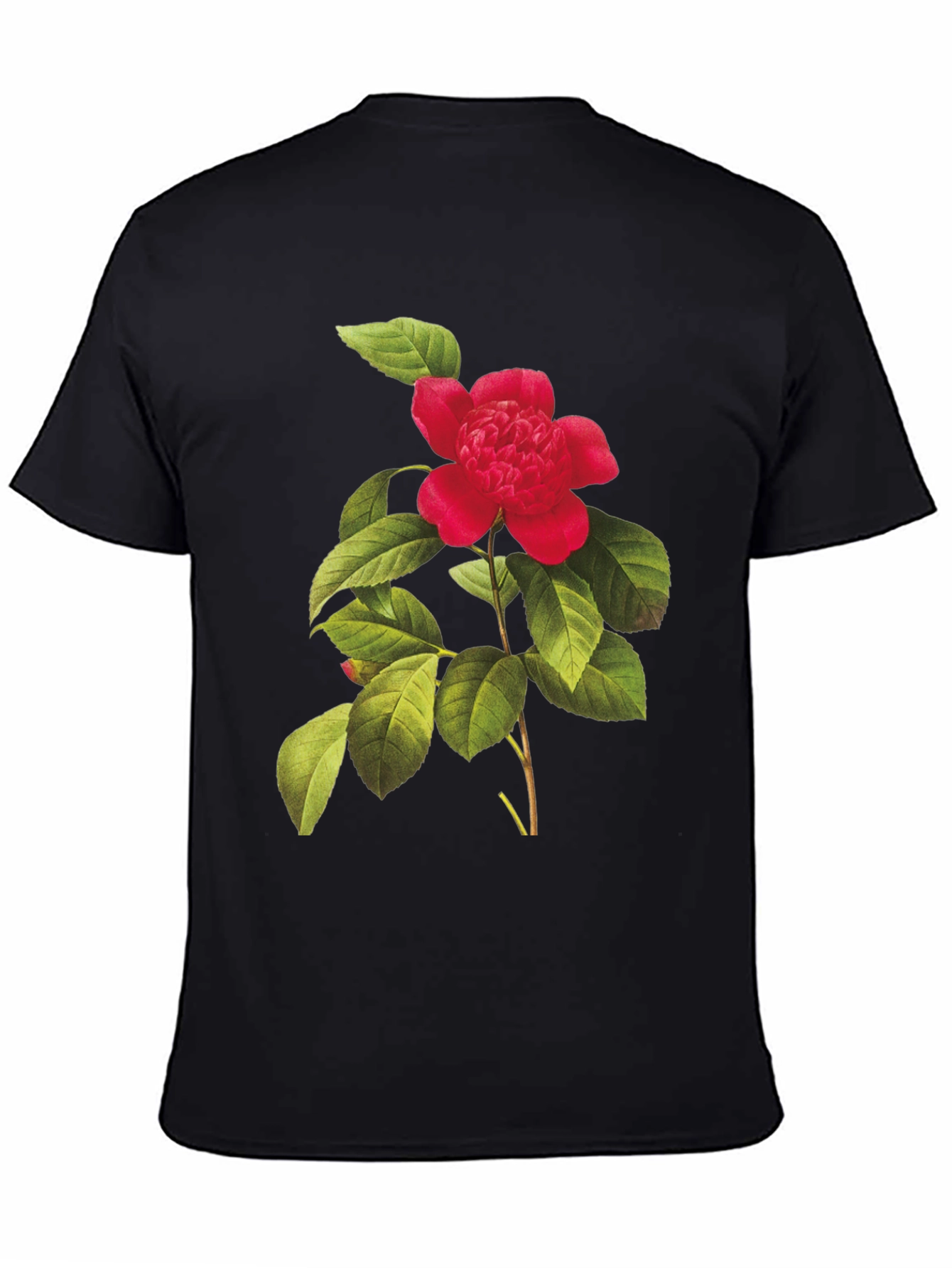 Botanical Camellia Flower Print Black Tee