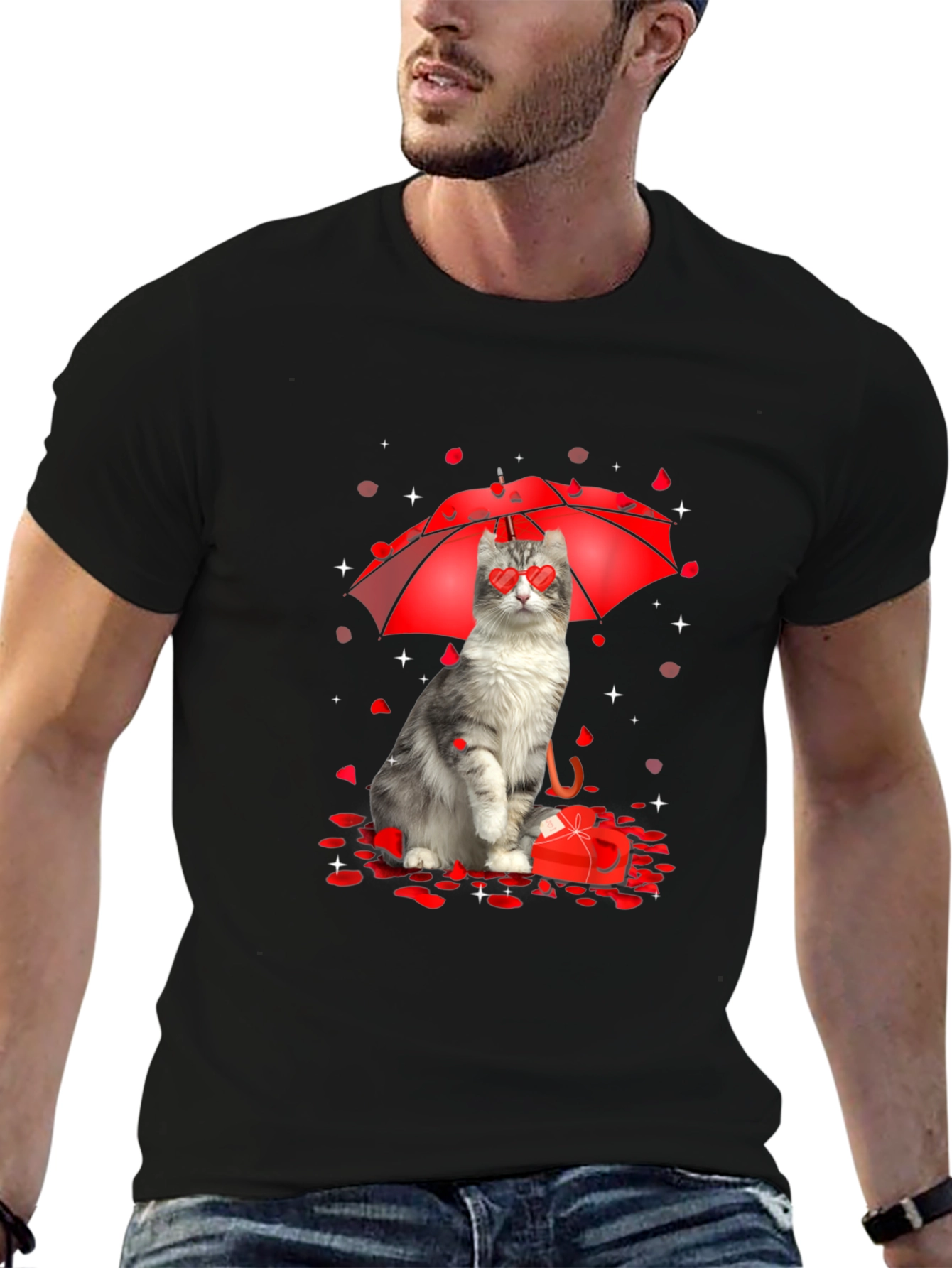 Cat Valentines Day T-Shirt - Heart Eyes Under Umbrella