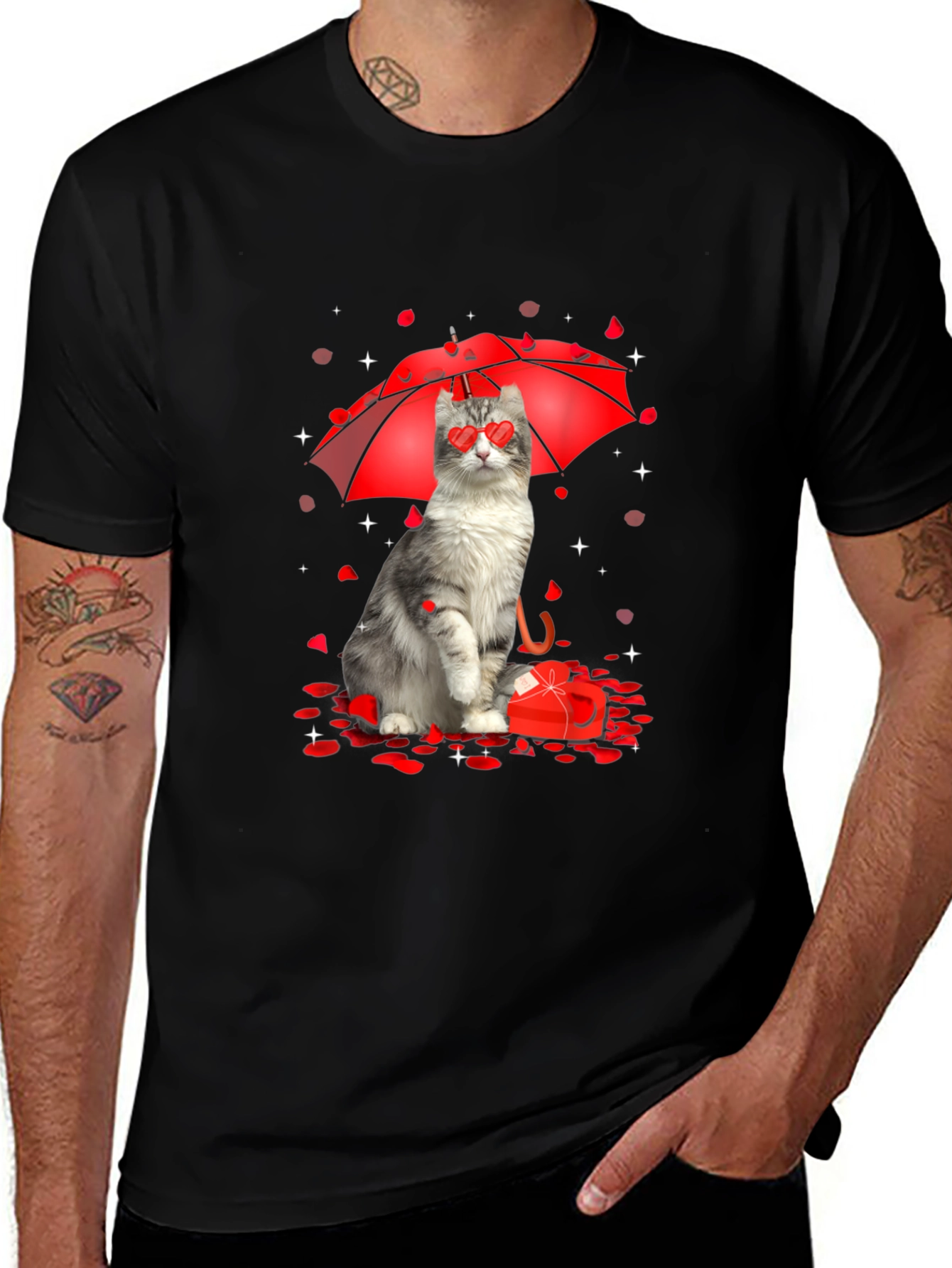 Cat Valentines Day T-Shirt - Heart Eyes Under Umbrella