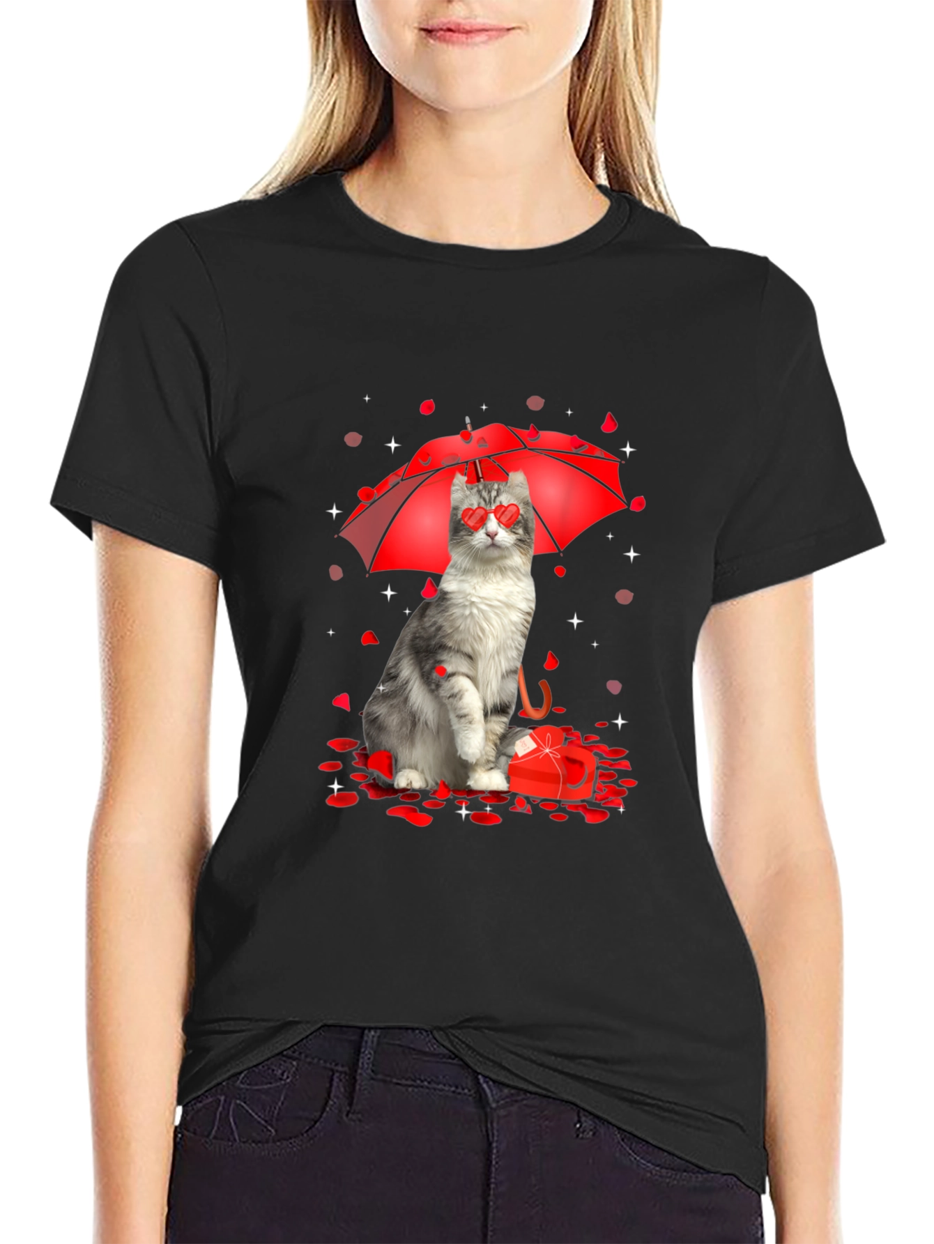 Cat Valentines Day T-Shirt - Heart Eyes Under Umbrella