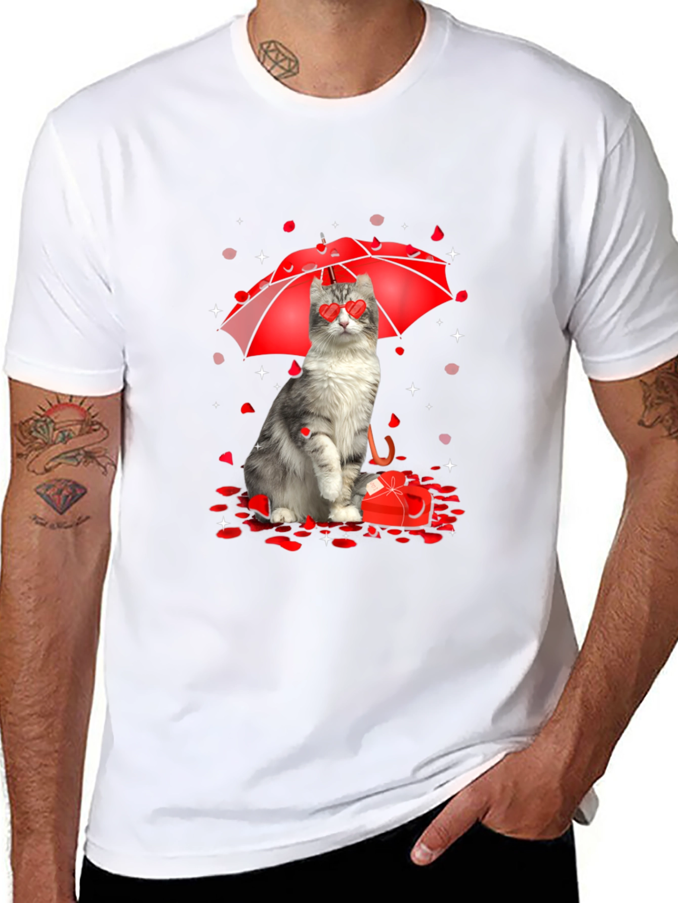 Cat Valentines Day T-Shirt - Heart Eyes Under Umbrella