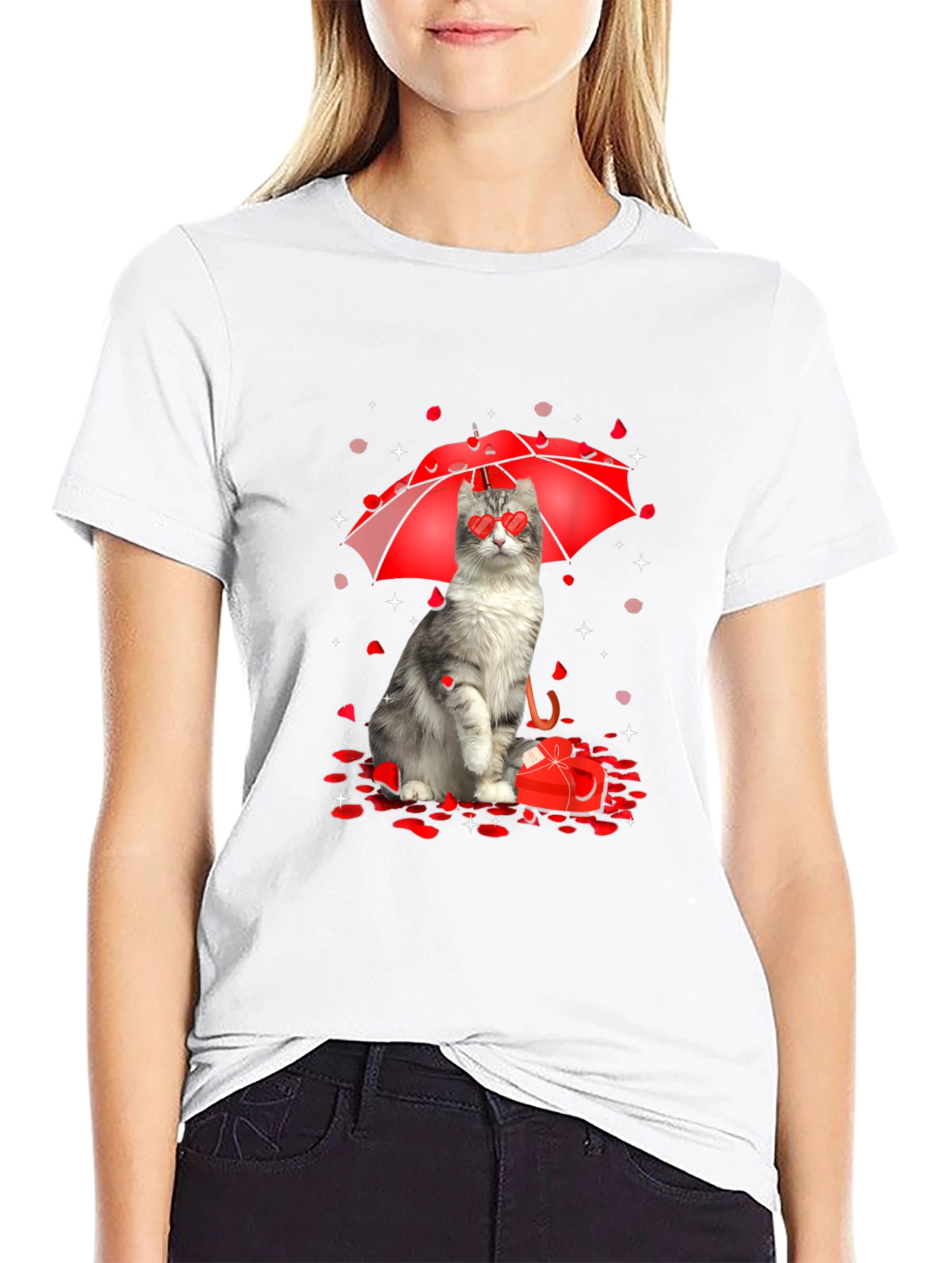 Cat Valentines Day T-Shirt - Heart Eyes Under Umbrella