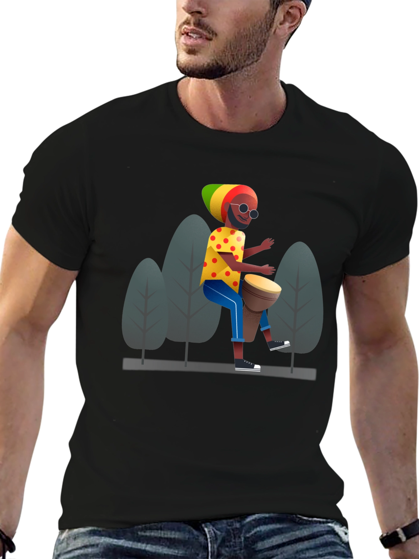 Rasta Drummer Graphic Tee - Cool Black T-Shirt