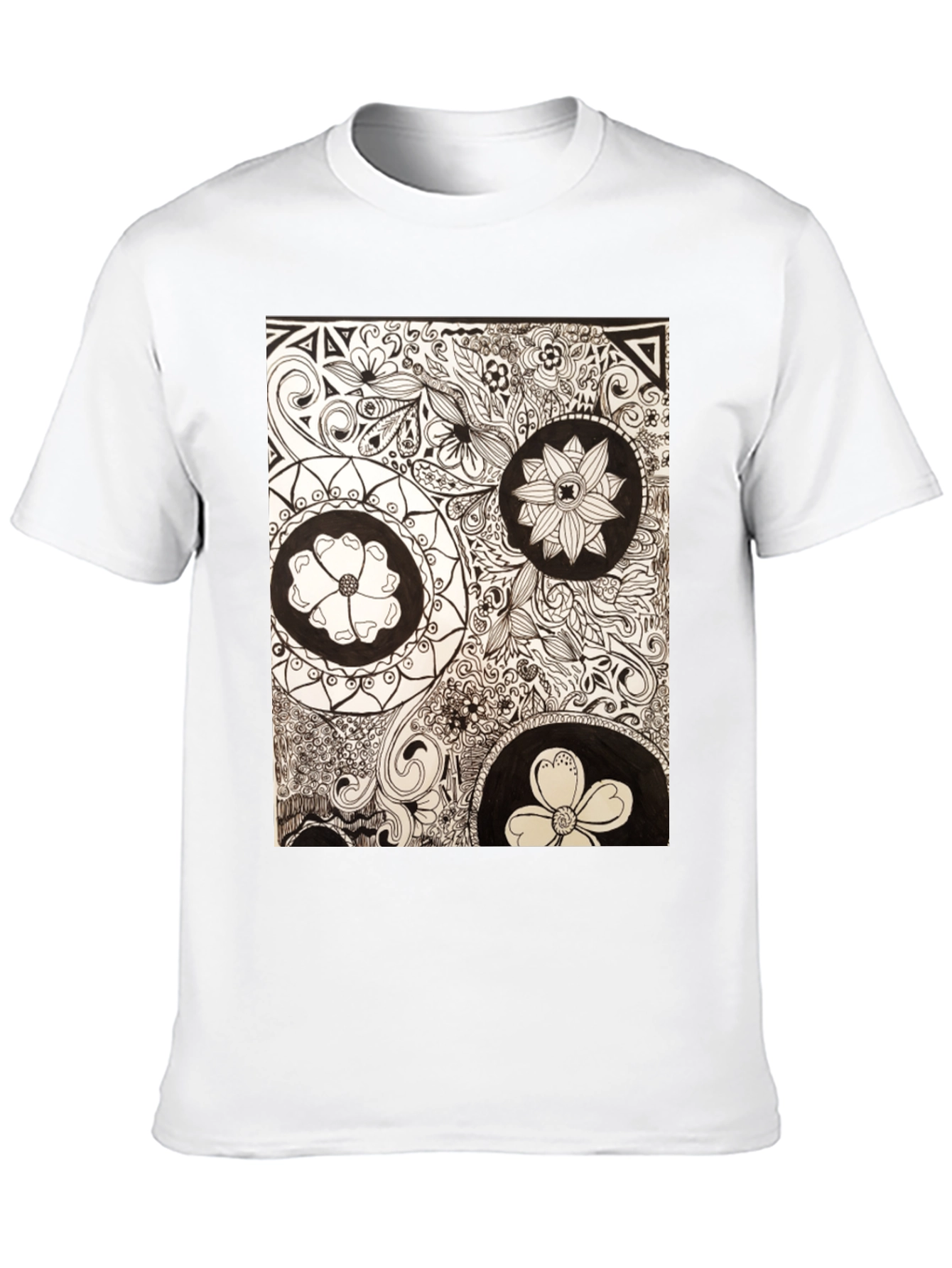 Artistic Floral Doodle Print Black T-Shirt