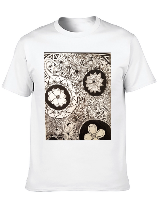 Artistic Floral Doodle Print Black T-Shirt