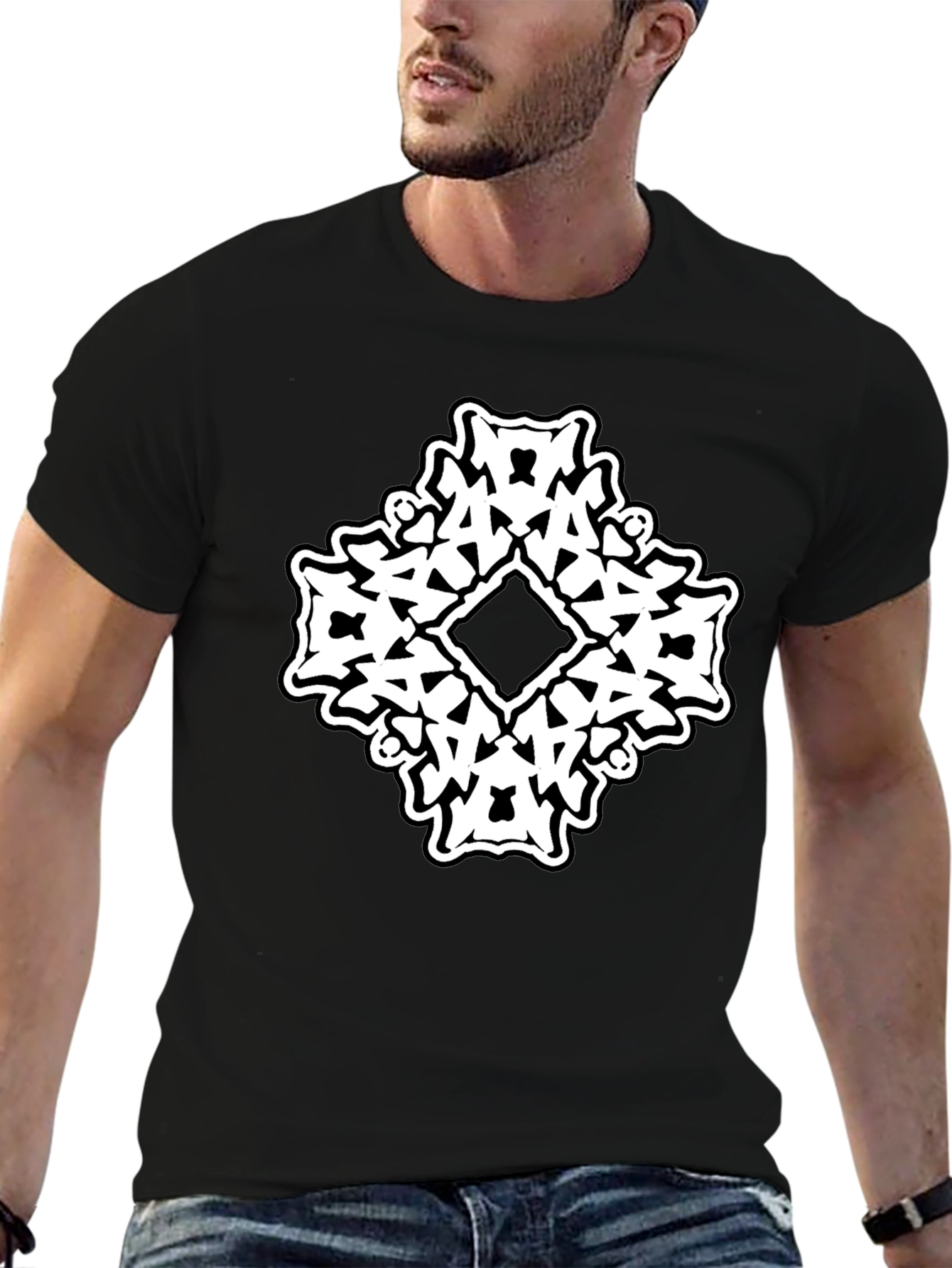 Black T-Shirt with White Abstract Diamond Graphic