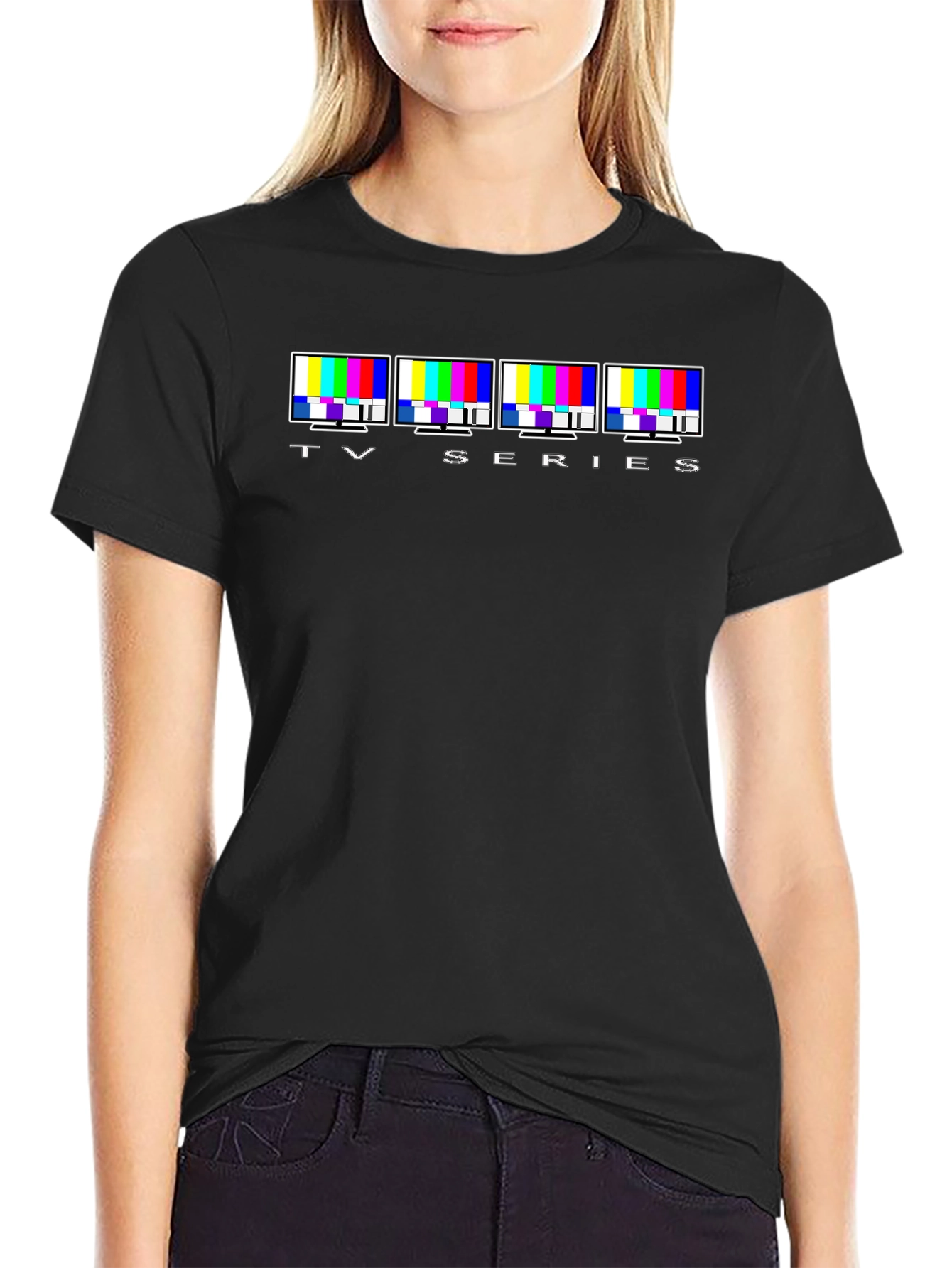 TV Series Glitch Pattern Graphic Tee - Black