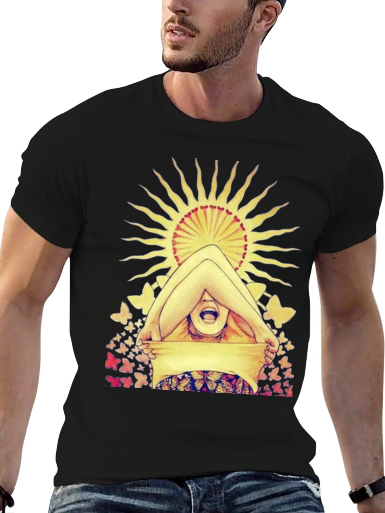 Butterfly & Sun Graphic Tee - Unique Artistic Design