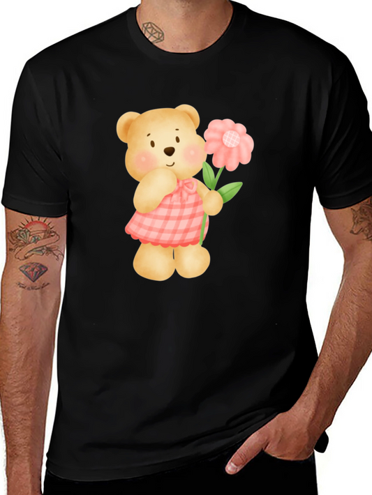 Cute Teddy Bear Flower Graphic T-Shirt
