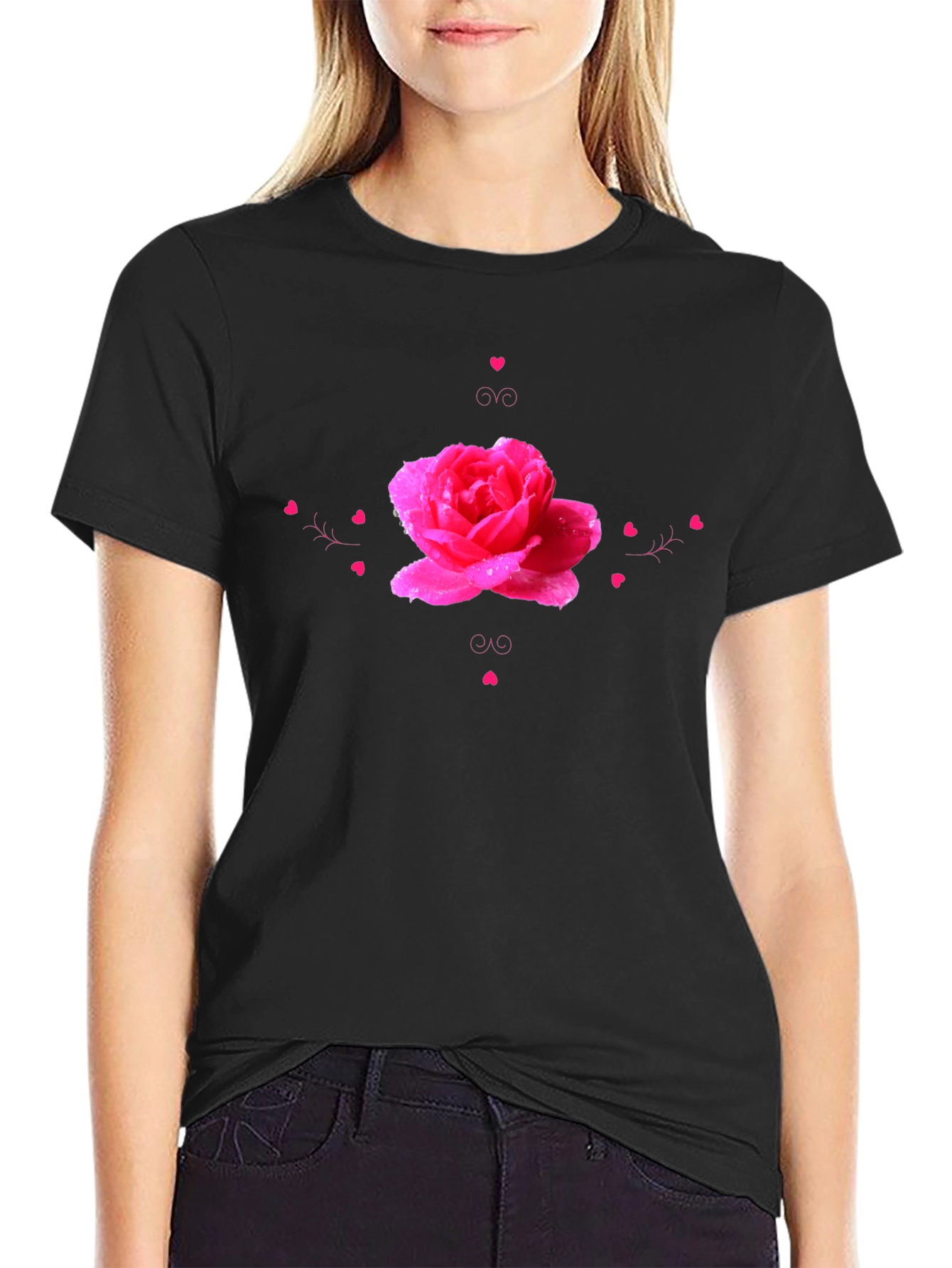 Rose Heart Graphic Black T-Shirt