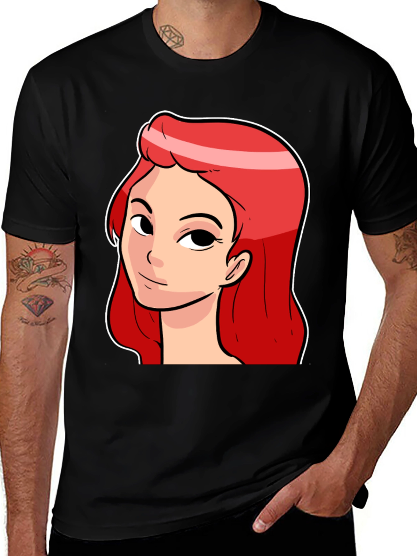 Red Haired Cartoon Girl Graphic Black T-Shirt