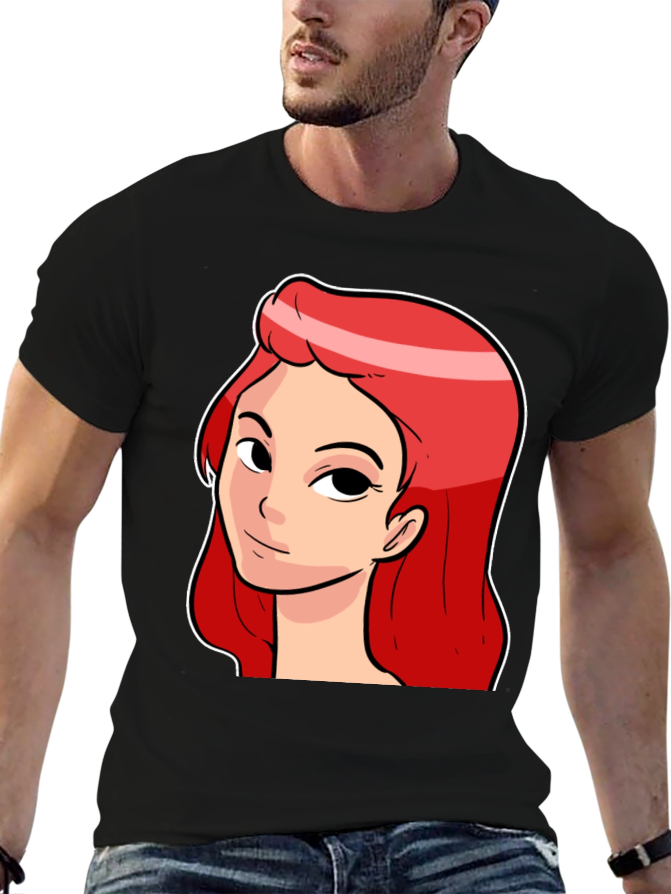 Red Haired Cartoon Girl Graphic Black T-Shirt