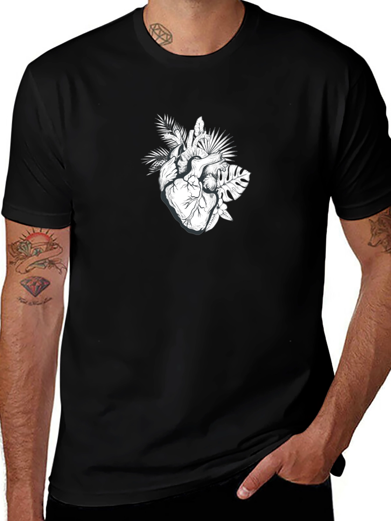 Botanical Heart Graphic Tee - Black Cotton T-Shirt