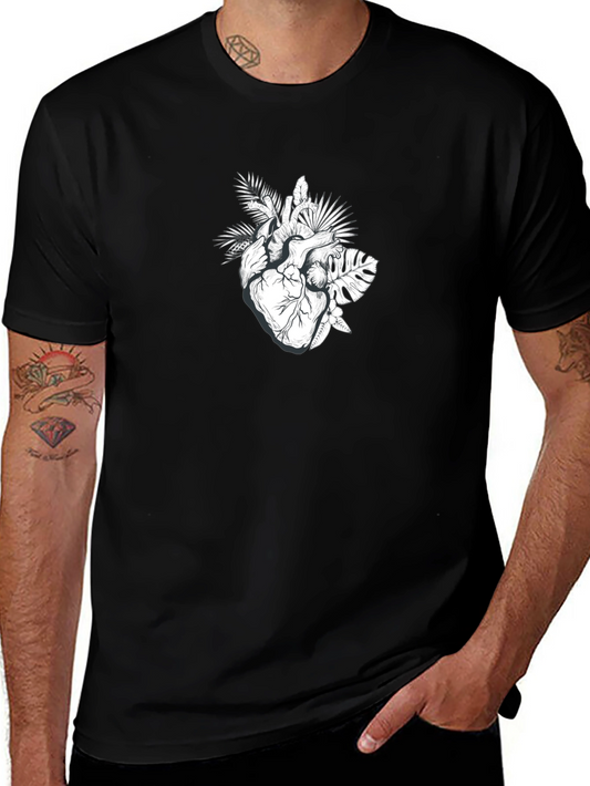 Botanical Heart Graphic Tee - Black Cotton T-Shirt