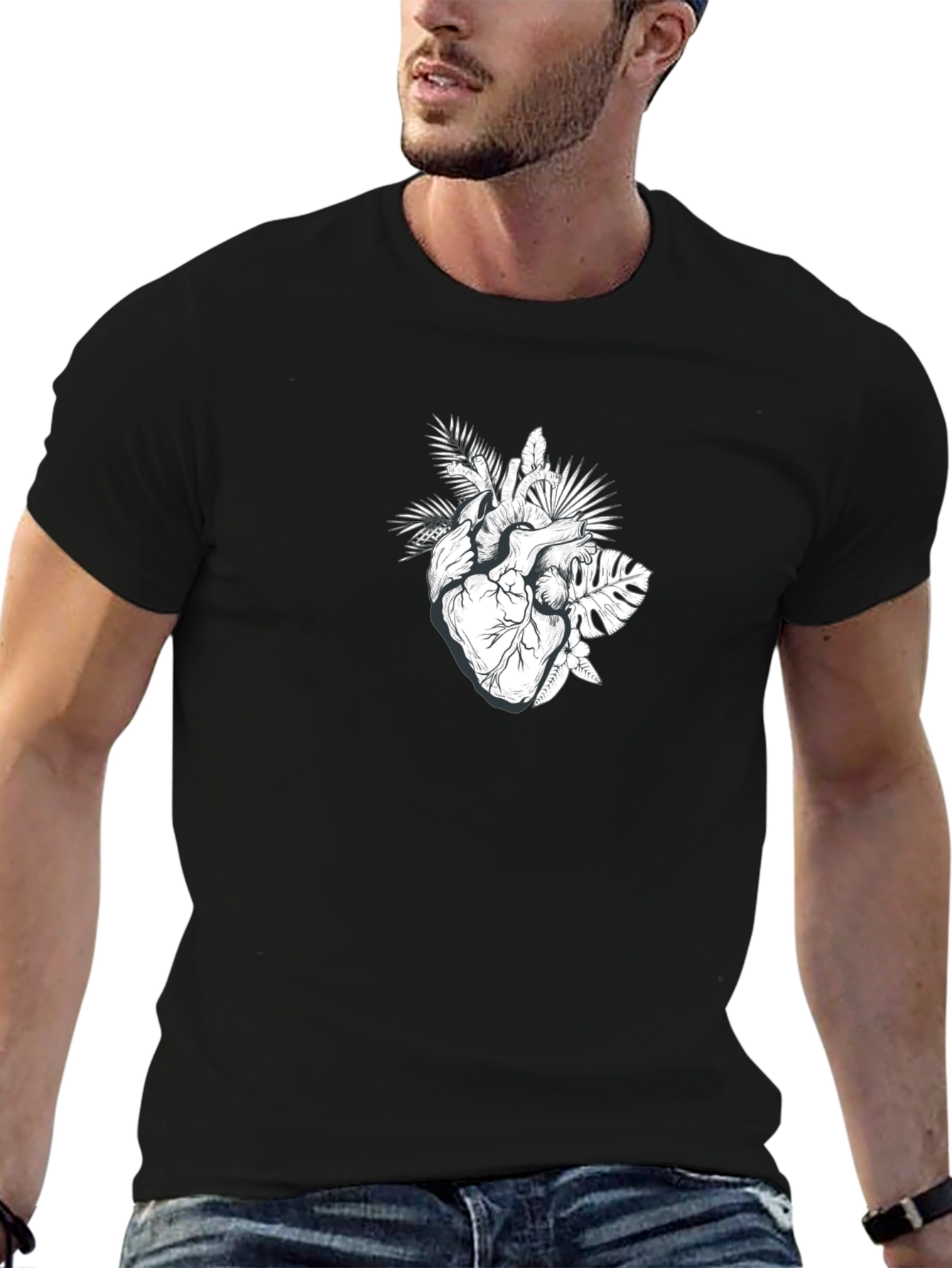 Botanical Heart Graphic Tee - Black Cotton T-Shirt