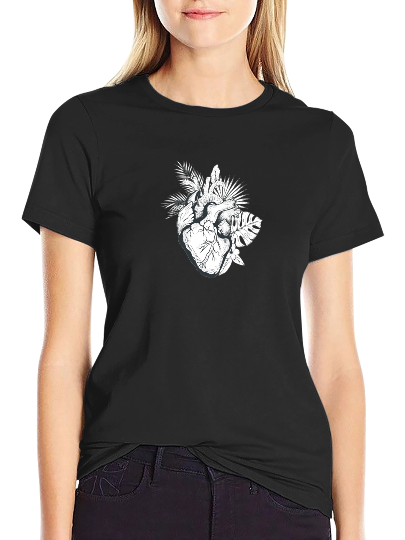Botanical Heart Graphic Tee - Black Cotton T-Shirt