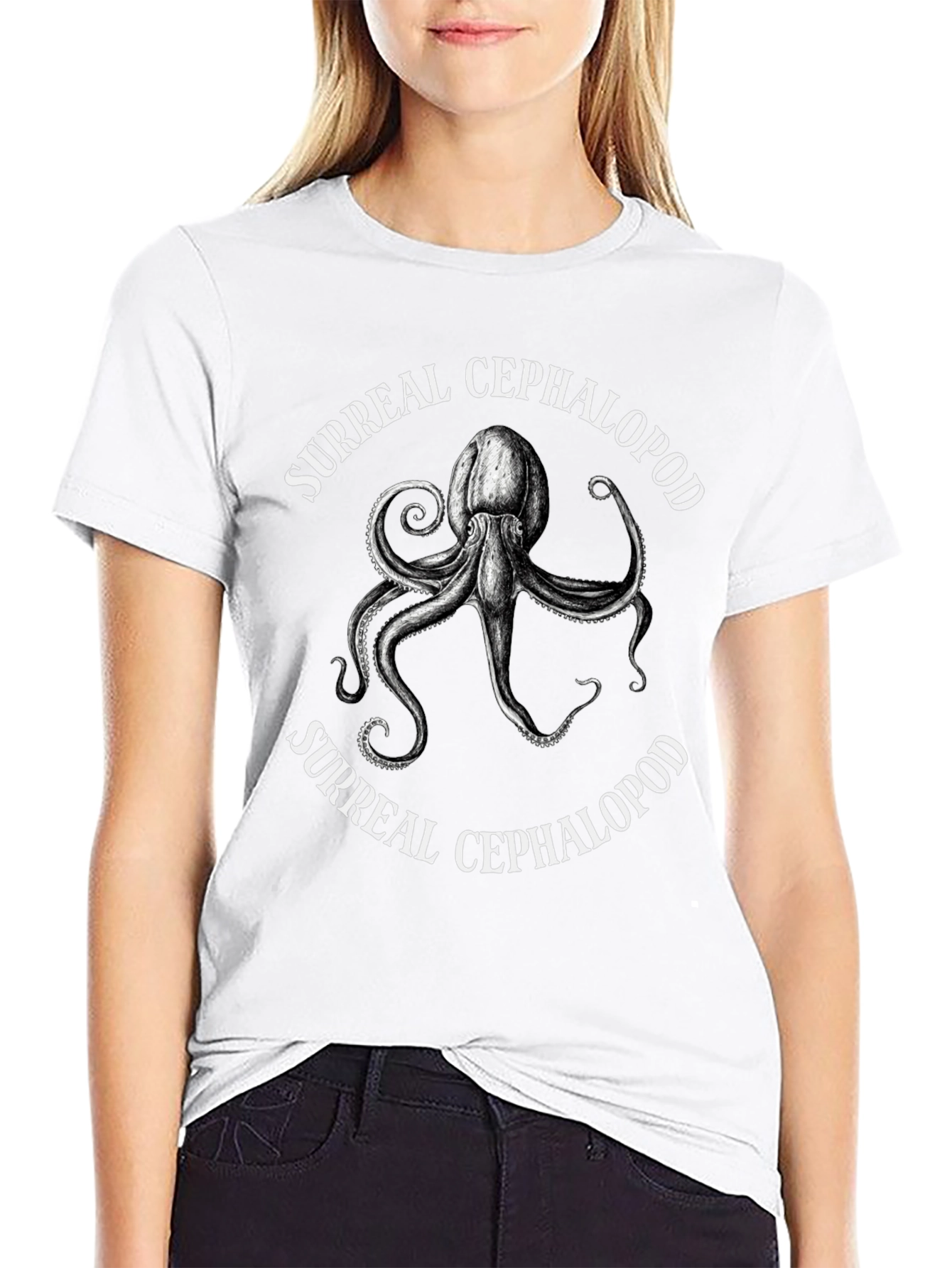 Surreal Cephalopod Graphic Tee - Black Cotton T-Shirt