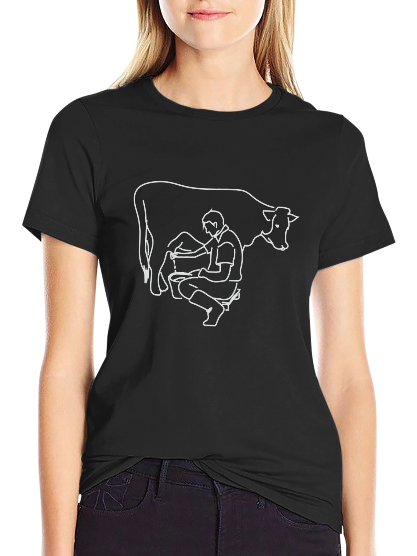 Cow Milking Graphic Tee - Black Cotton T-Shirt