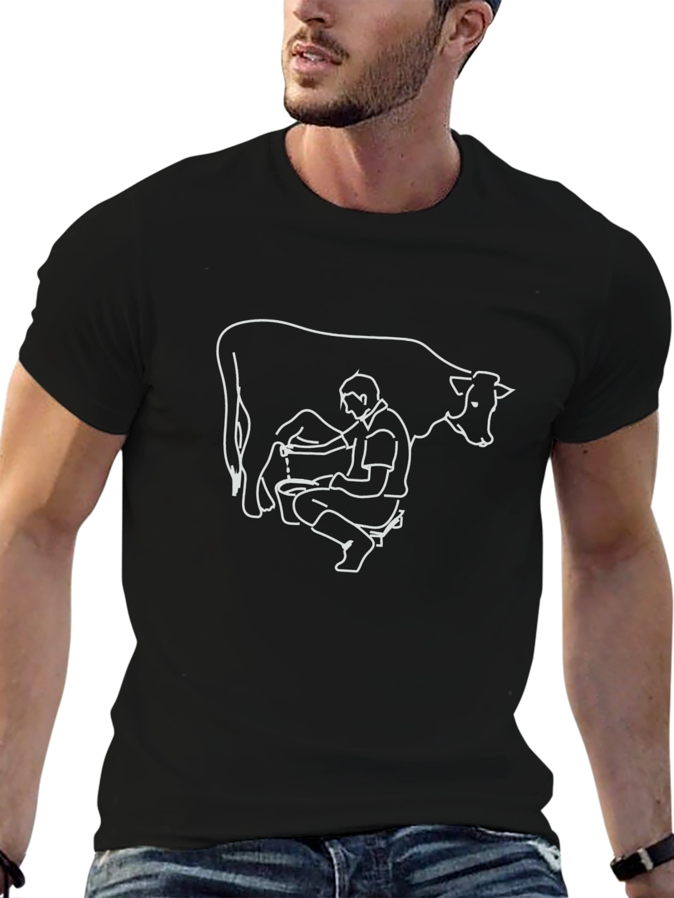 Cow Milking Graphic Tee - Black Cotton T-Shirt