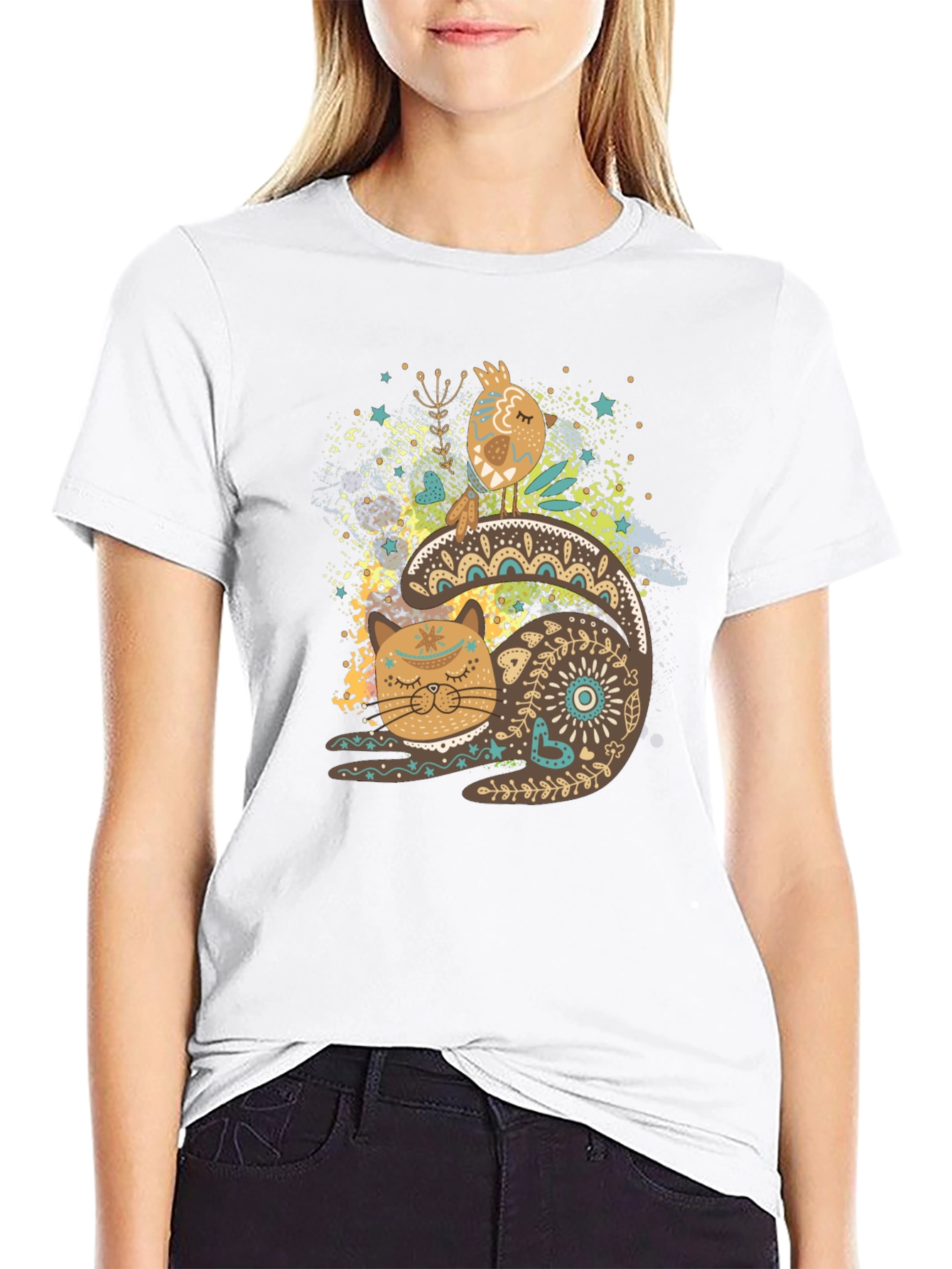 Artistic Cat & Bird Graphic T-Shirt