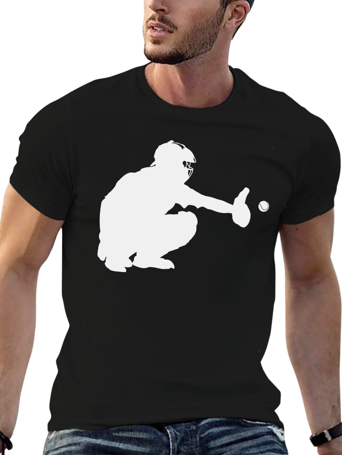 Baseball Catcher Graphic T-Shirt - Black