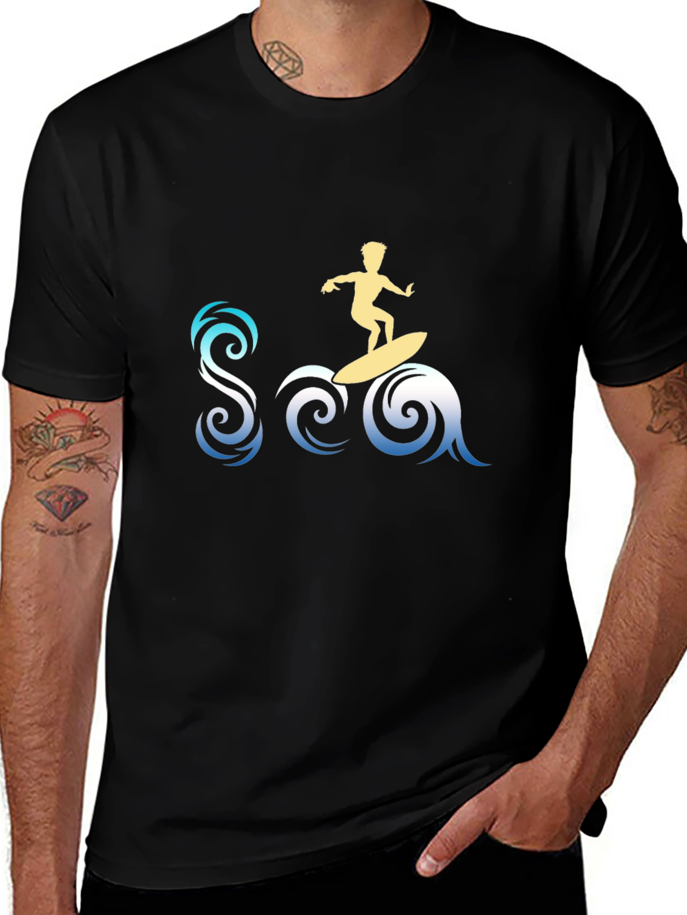Surfer Sea Graphic Tee - Stylish Black T-Shirt