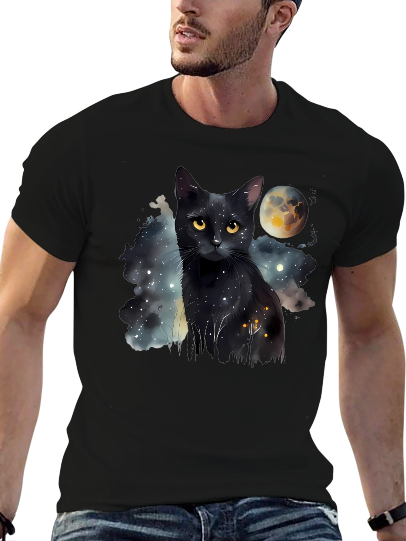 Black Cat Moon Galaxy T-Shirt - Unique Graphic Tee