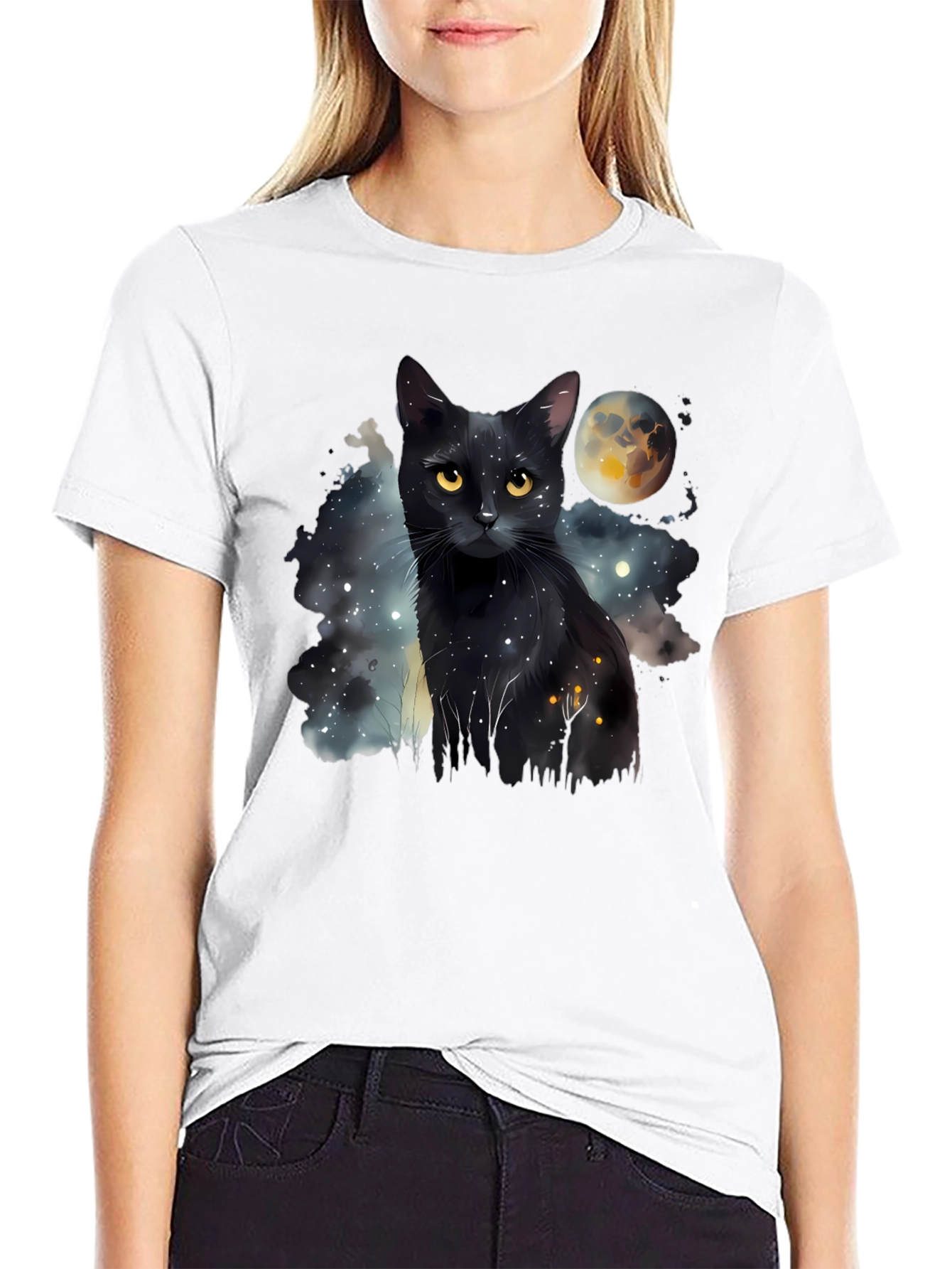 Black Cat Moon Galaxy T-Shirt - Unique Graphic Tee