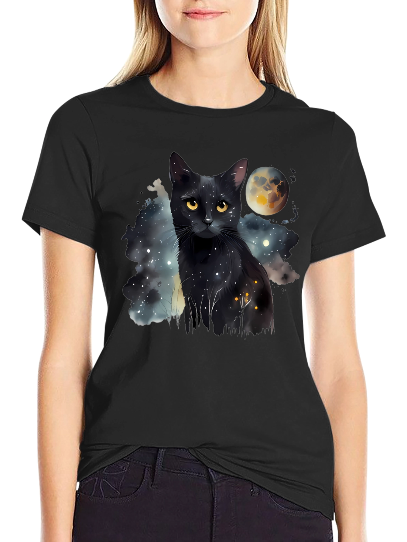 Black Cat Moon Galaxy T-Shirt - Unique Graphic Tee