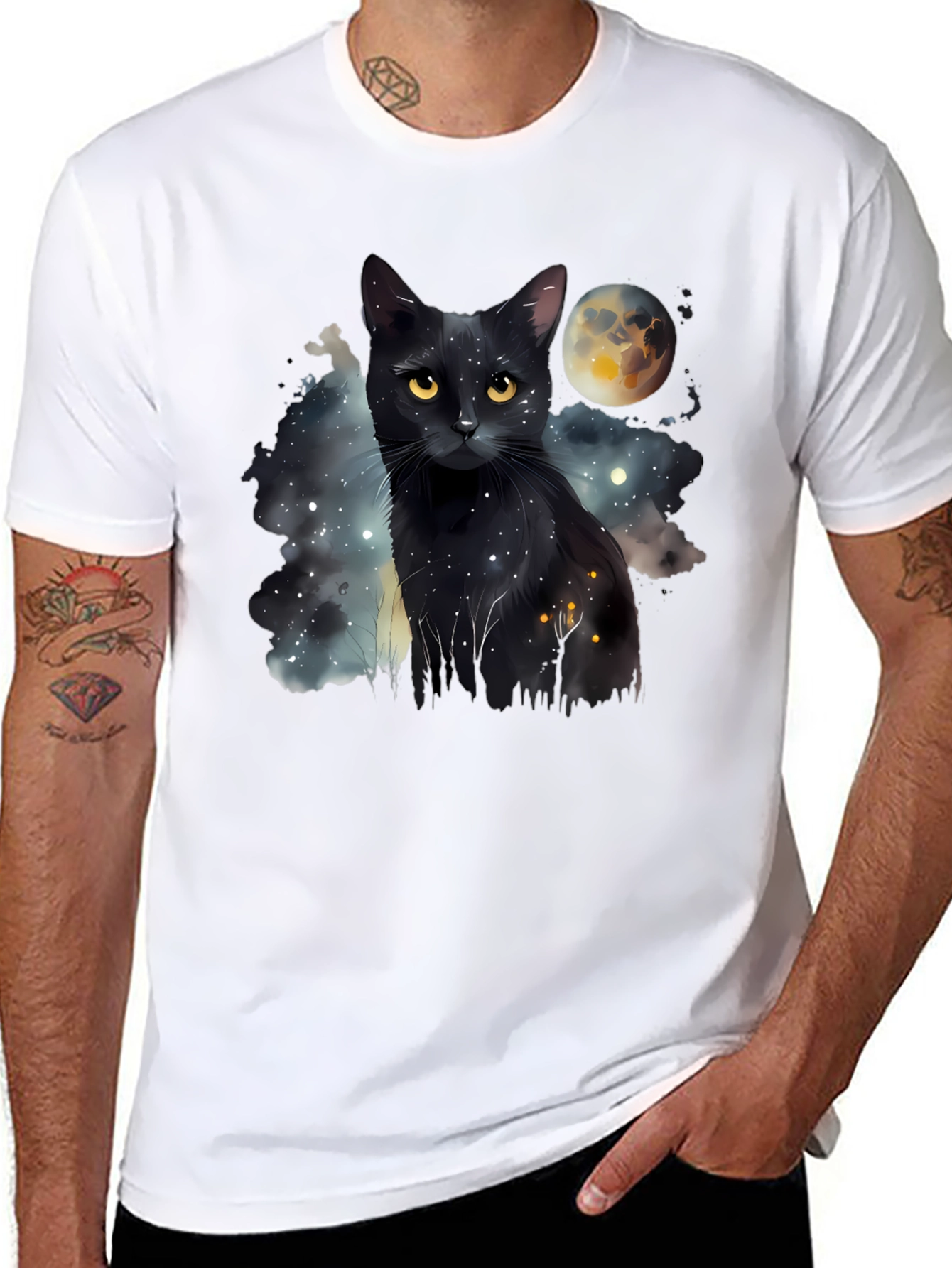 Black Cat Moon Galaxy T-Shirt - Unique Graphic Tee