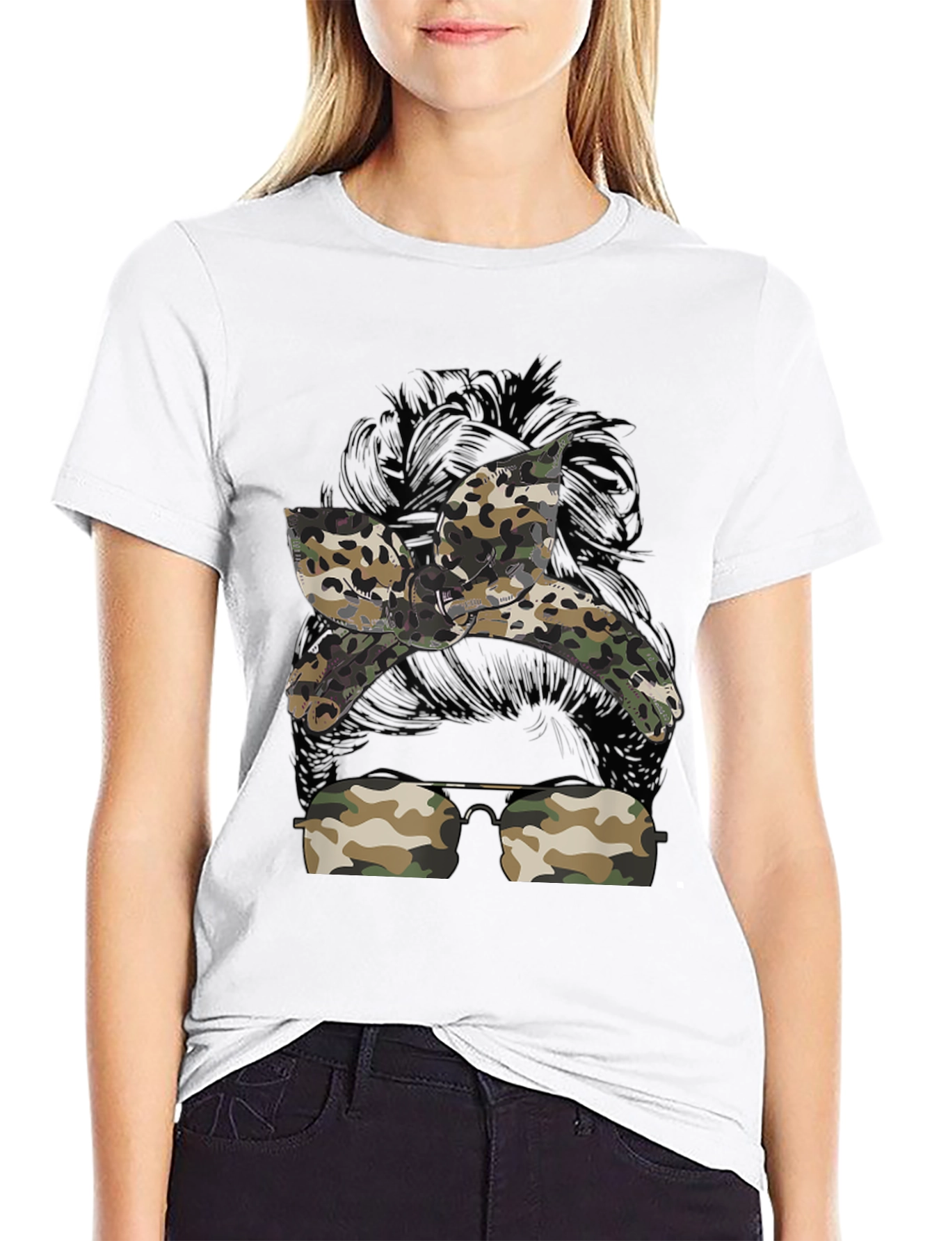 Camo Messy Bun T-Shirt - Casual Style
