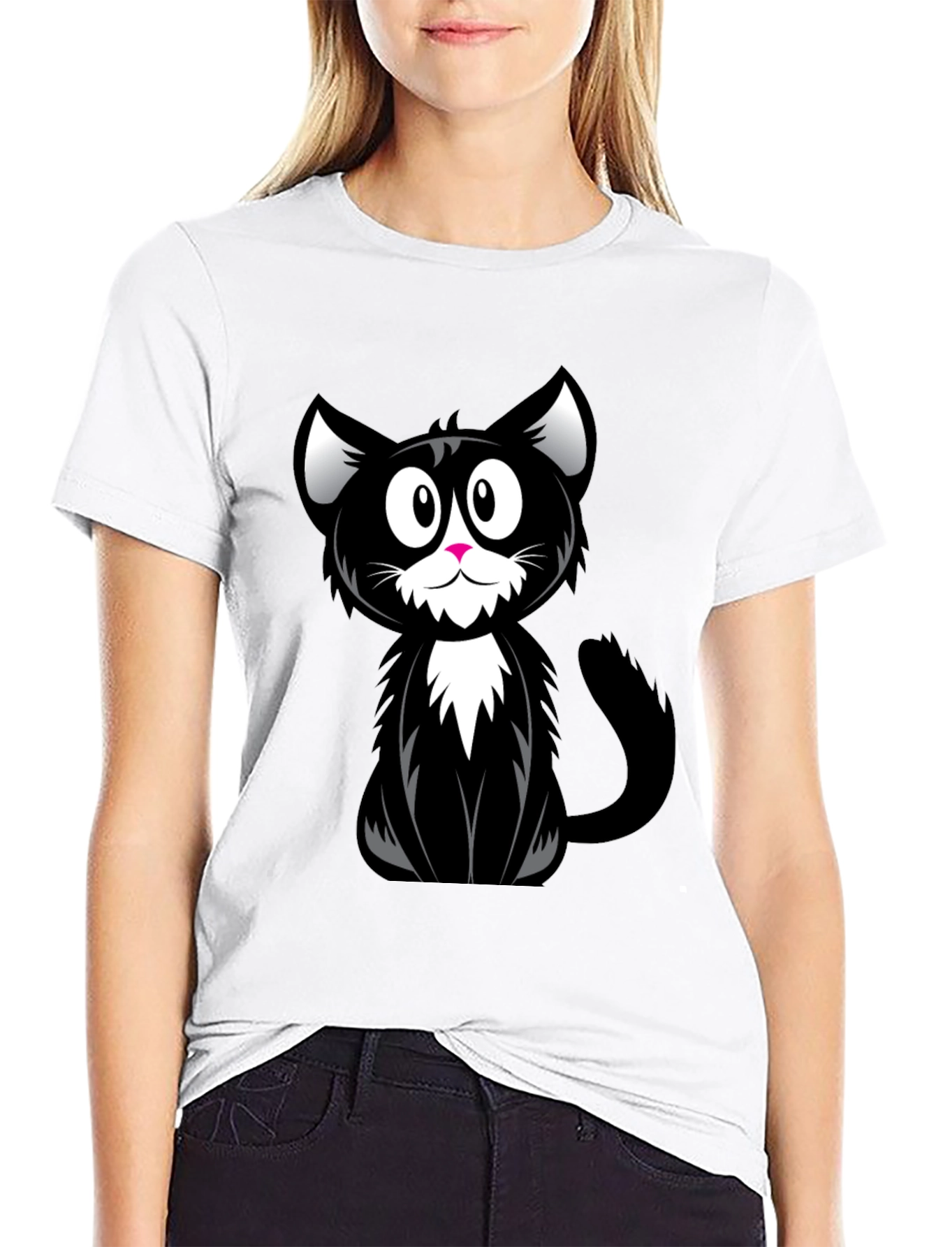 Cartoon Black Cat Graphic T-Shirt
