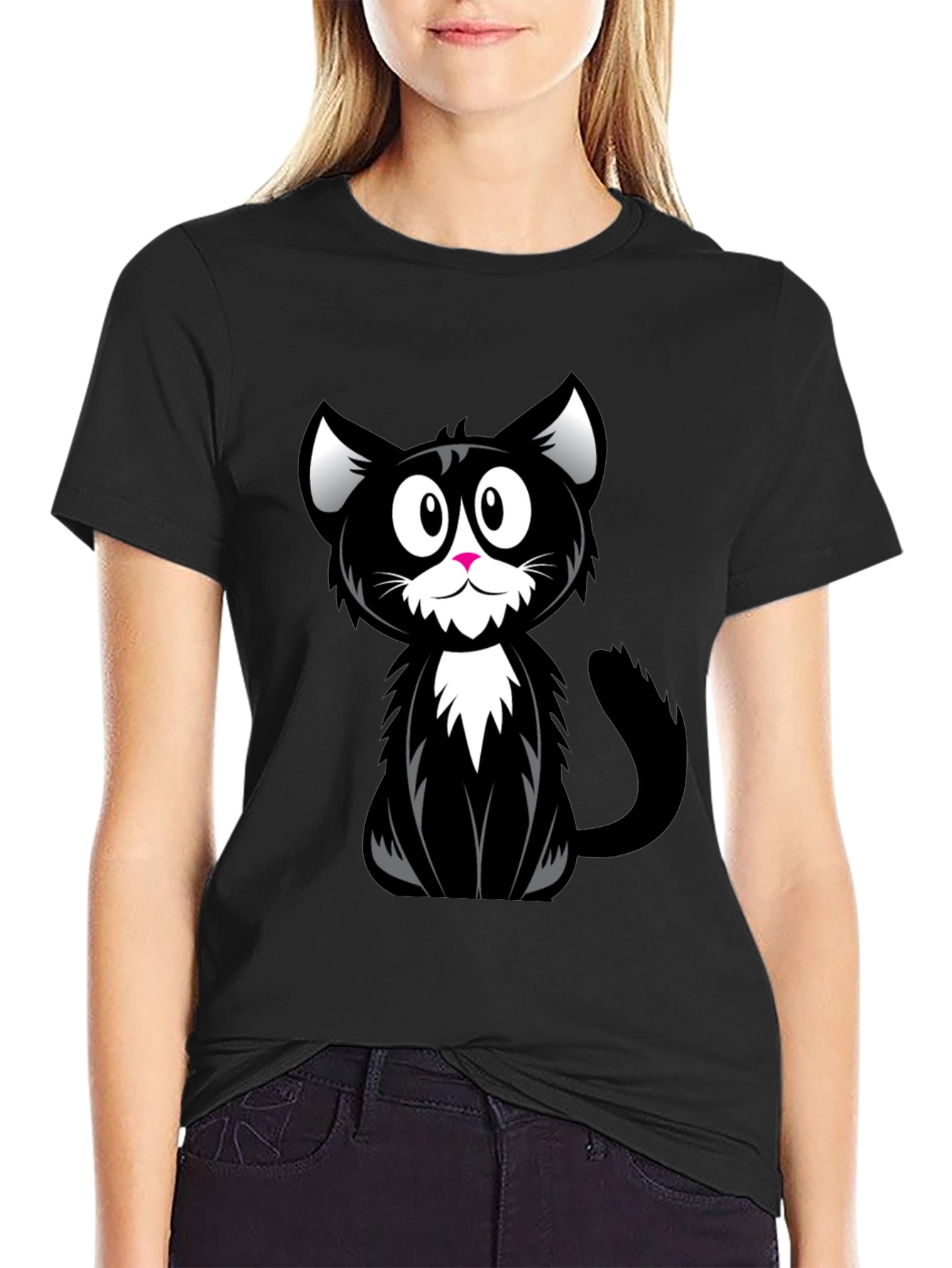 Cartoon Black Cat Graphic T-Shirt