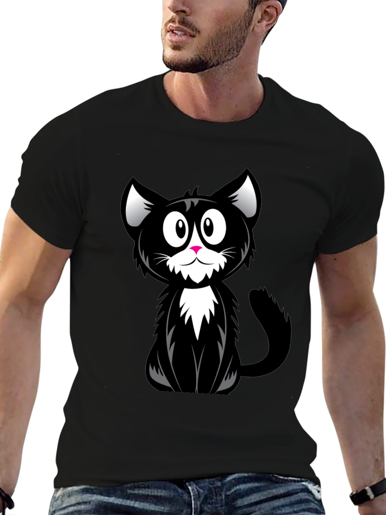 Cartoon Black Cat Graphic T-Shirt