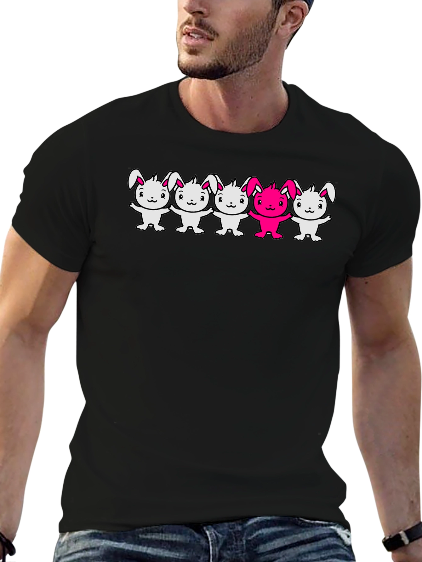 Bunny Graphic T-Shirt Black Crew Neck Cartoon Design