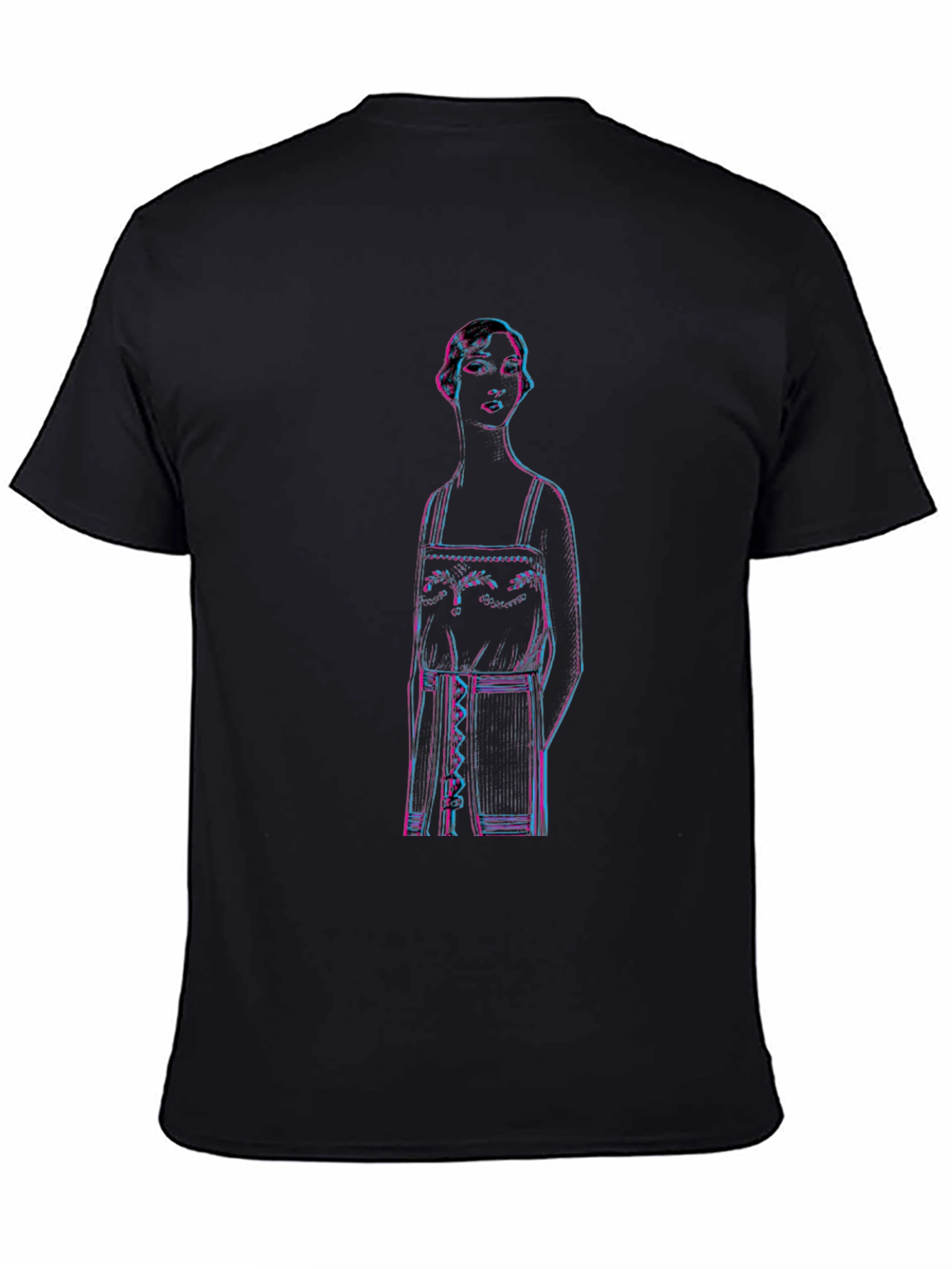Retro Glitch Woman Graphic Tee - Black Cotton T-Shirt