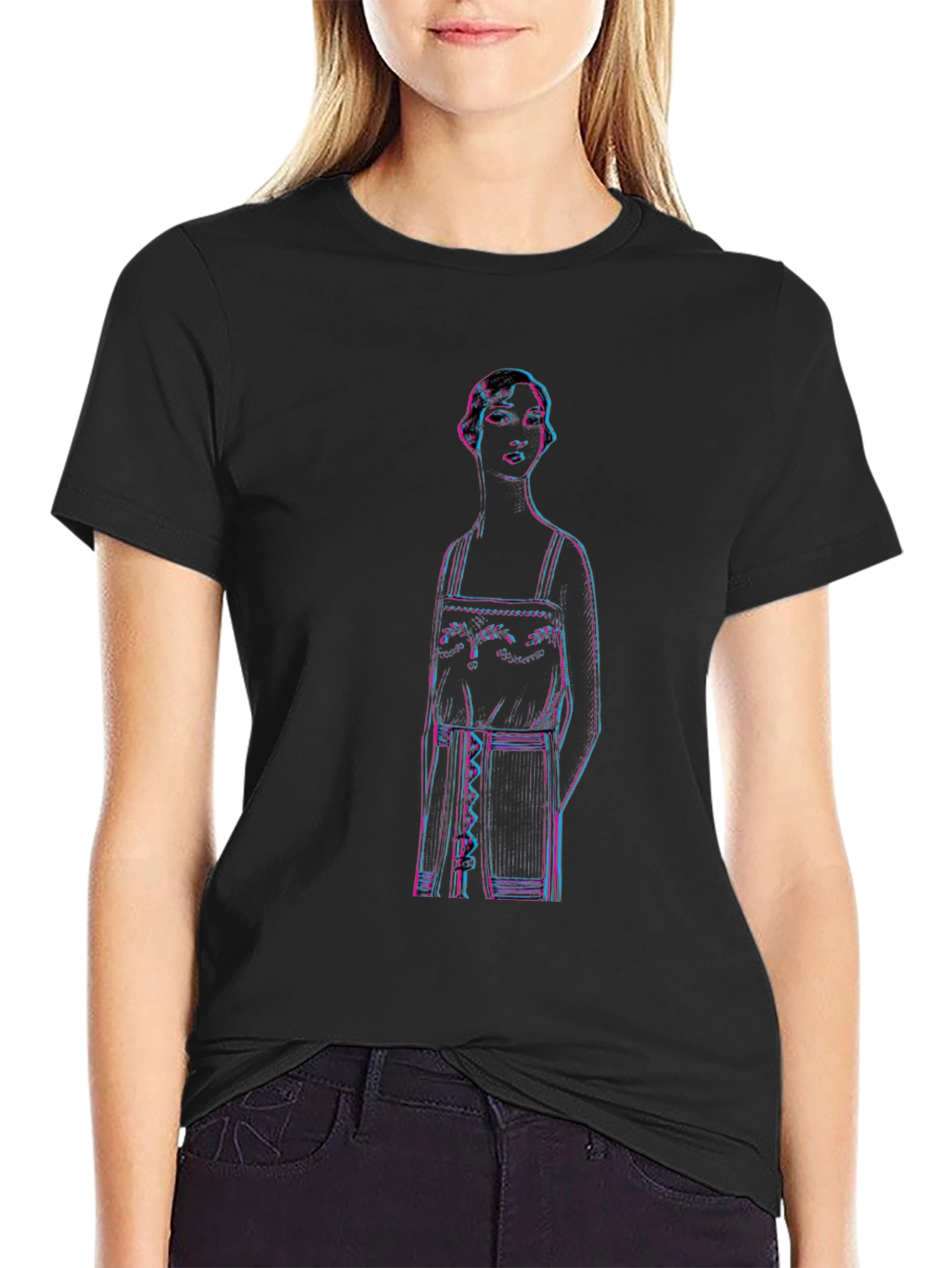 Retro Glitch Woman Graphic Tee - Black Cotton T-Shirt