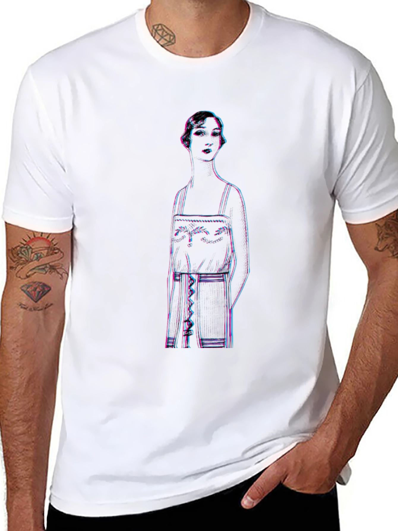 Retro Glitch Woman Graphic Tee - Black Cotton T-Shirt