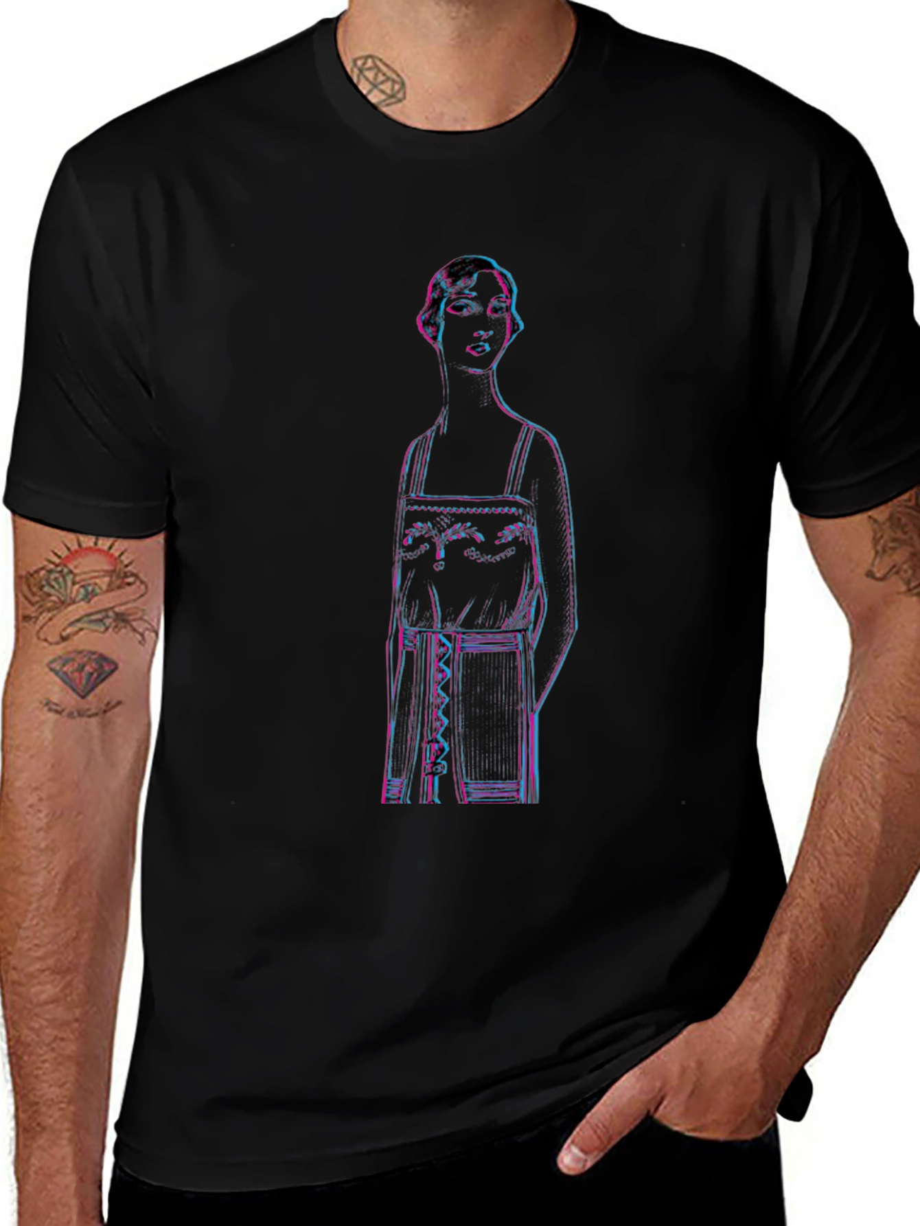 Retro Glitch Woman Graphic Tee - Black Cotton T-Shirt