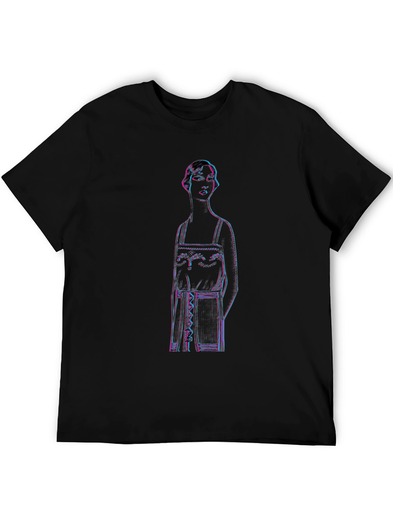 Retro Glitch Woman Graphic Tee - Black Cotton T-Shirt