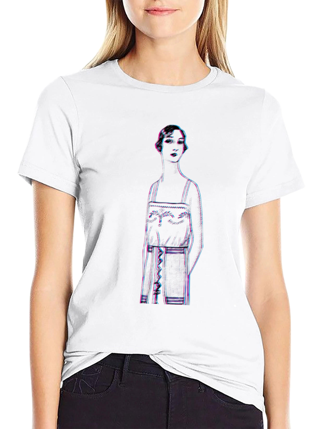 Retro Glitch Woman Graphic Tee - Black Cotton T-Shirt