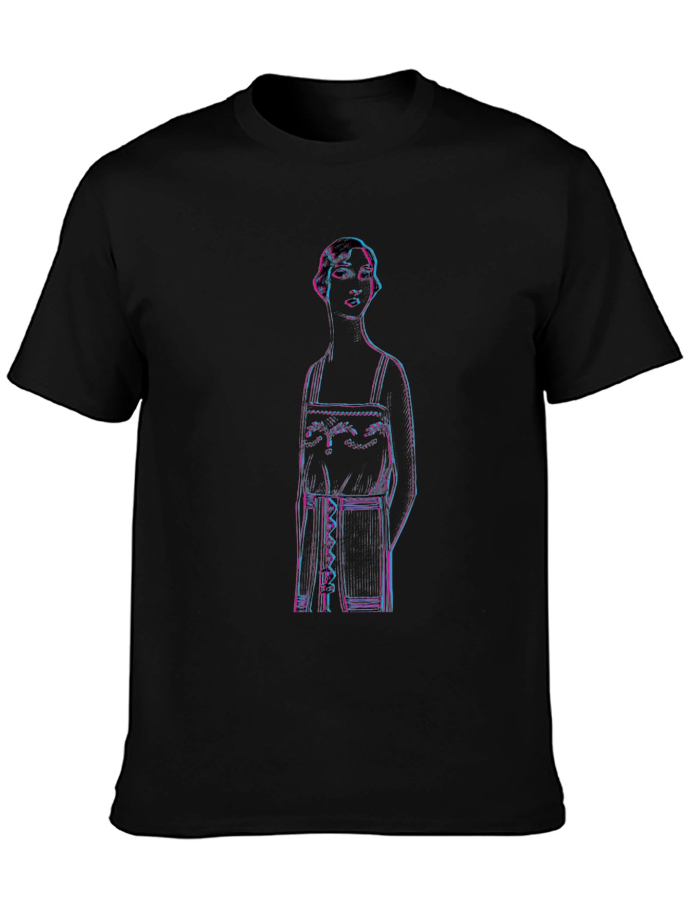 Retro Glitch Woman Graphic Tee - Black Cotton T-Shirt