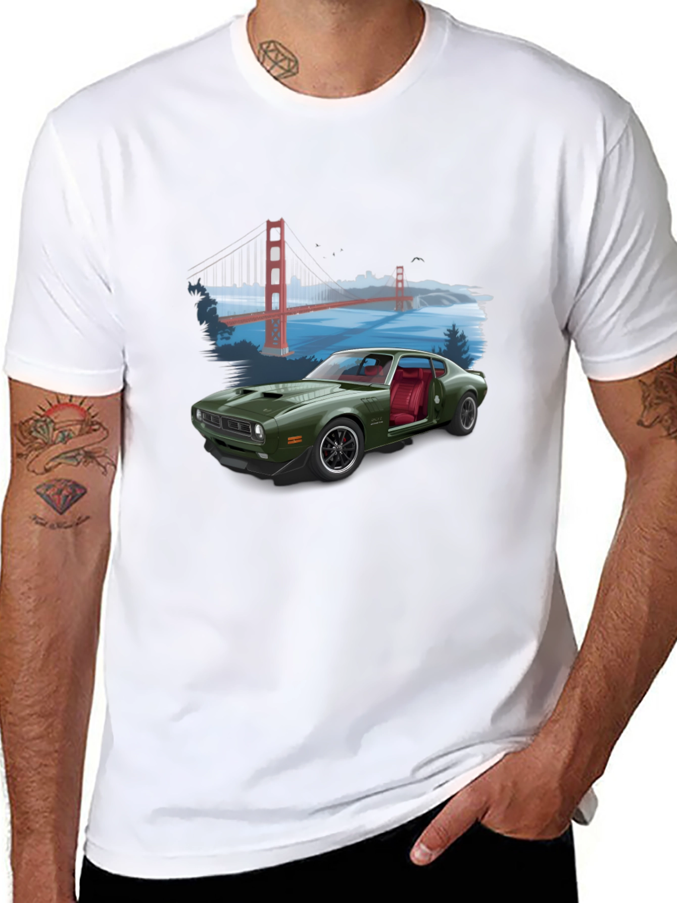 Retro Car & Bridge T-Shirt - Unique Graphic Tee