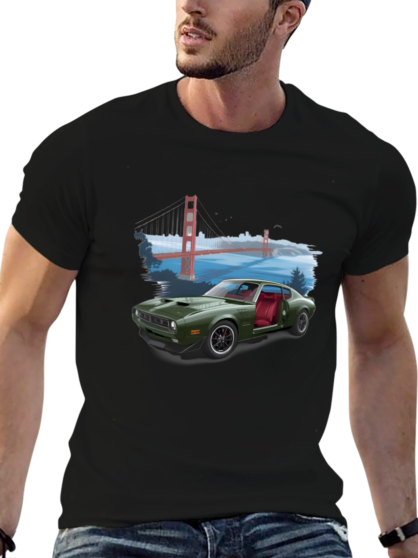 Retro Car & Bridge T-Shirt - Unique Graphic Tee