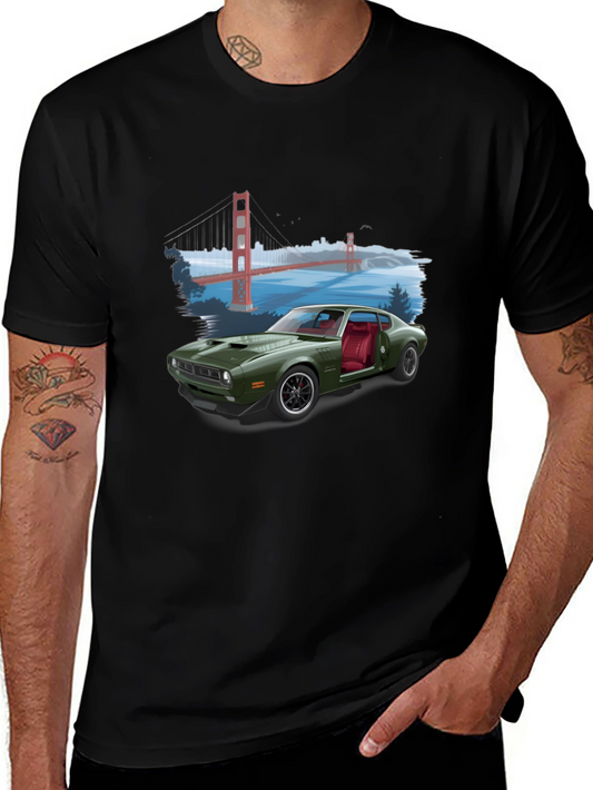 Retro Car & Bridge T-Shirt - Unique Graphic Tee