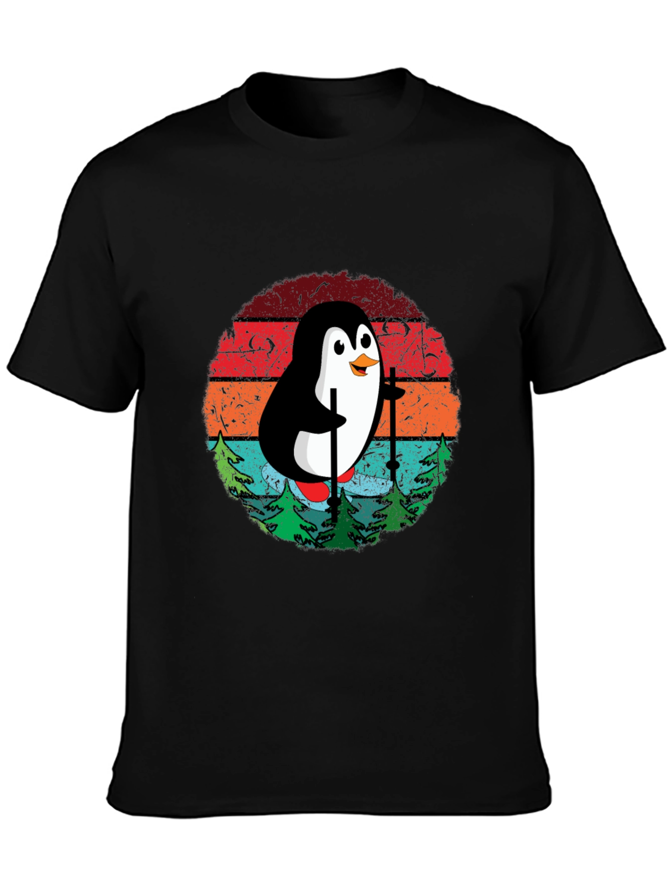 Skiing Penguin T-Shirt - Retro Style Black Tee