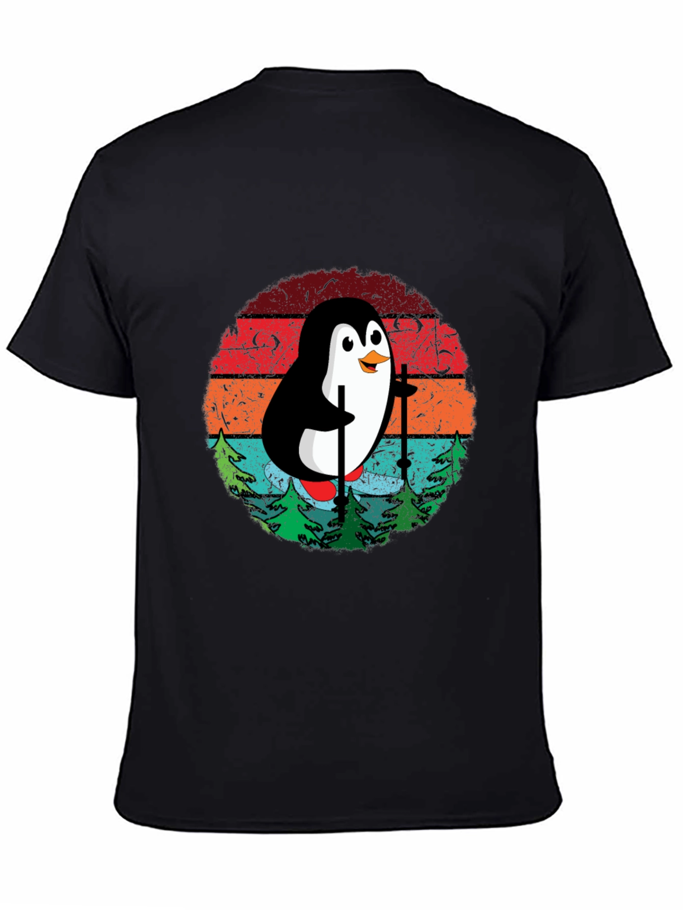 Skiing Penguin T-Shirt - Retro Style Black Tee