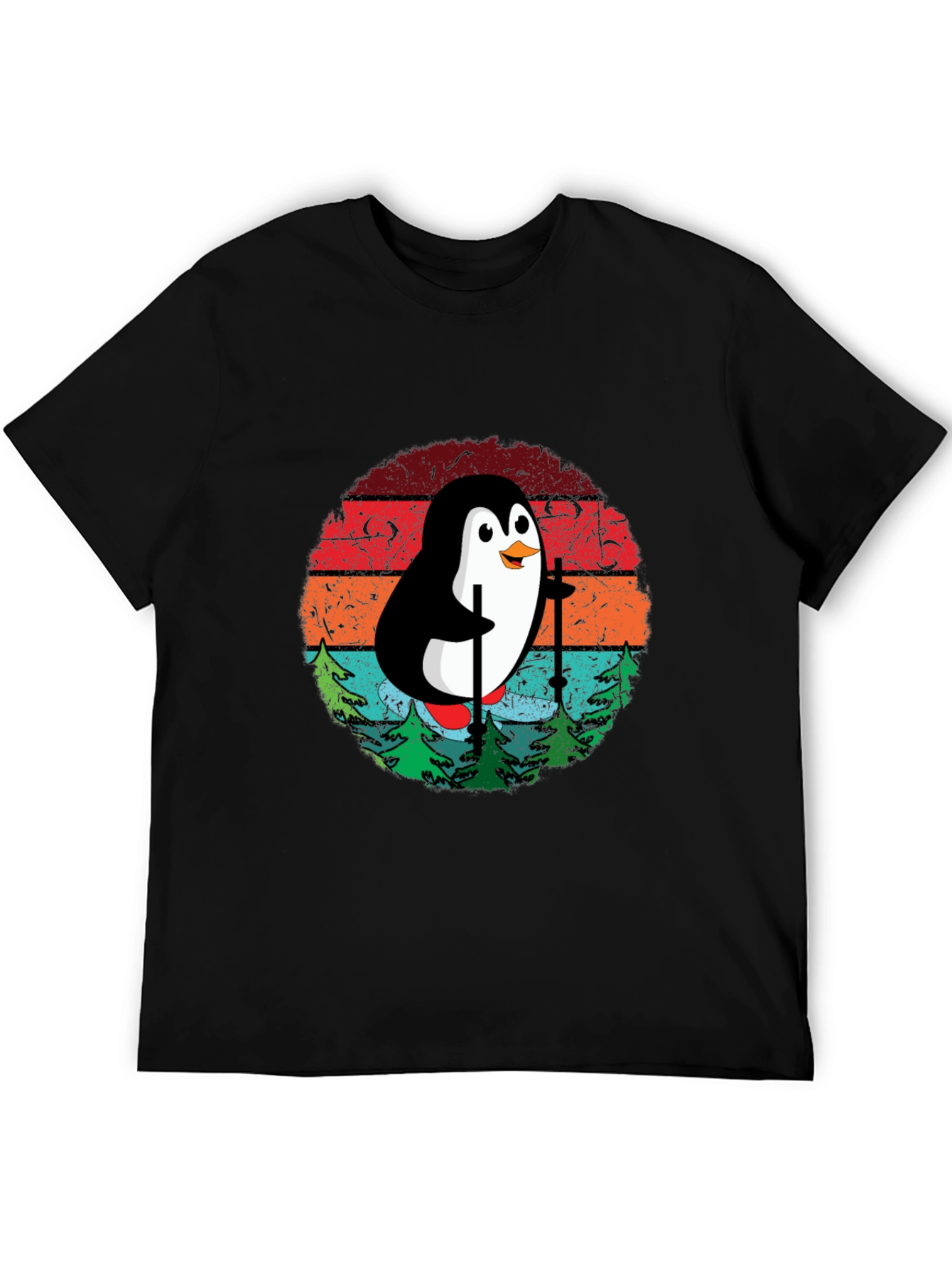 Skiing Penguin T-Shirt - Retro Style Black Tee