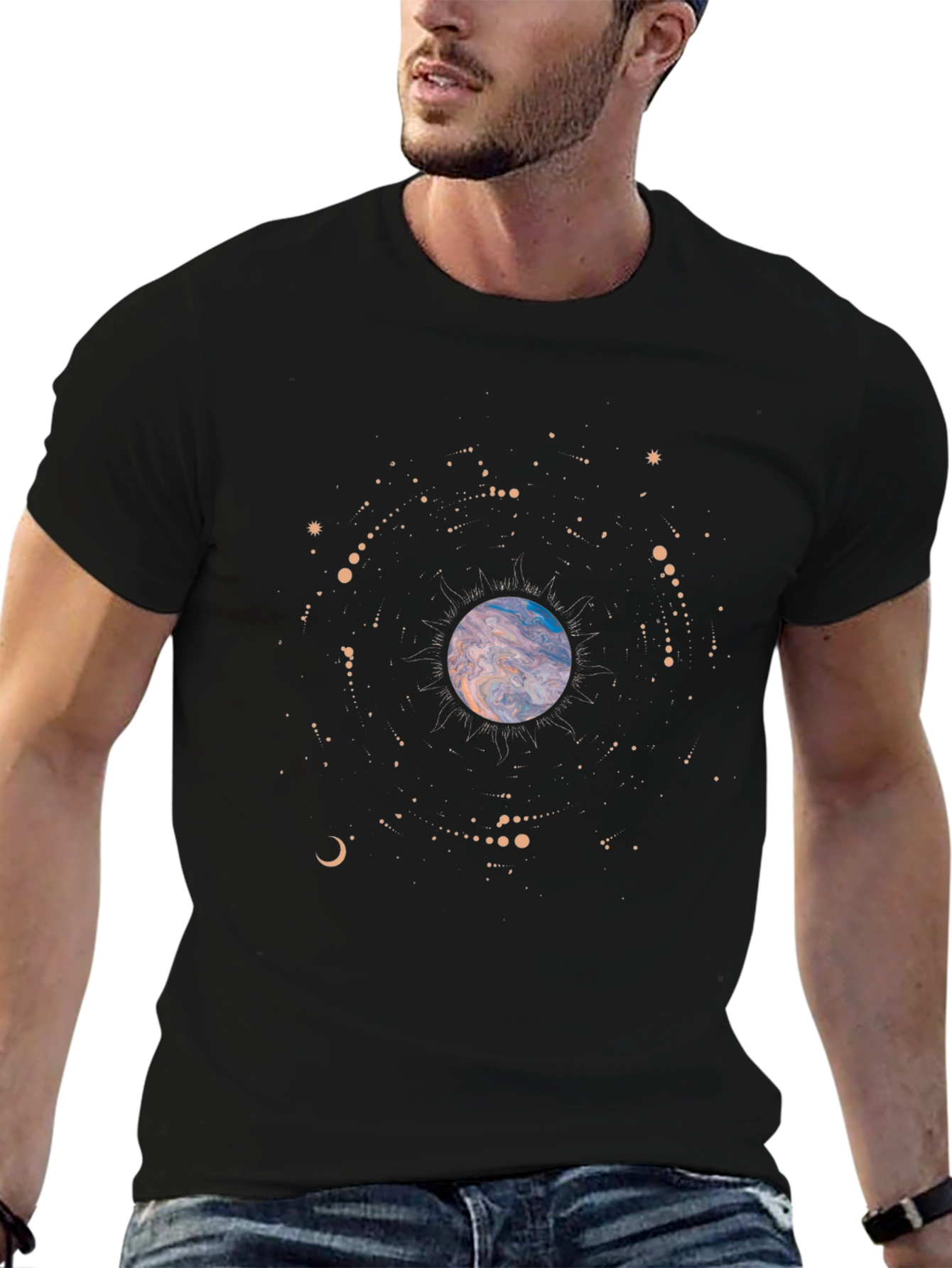 Cosmic Planet Graphic Tee - Soft Black Cotton T-Shirt
