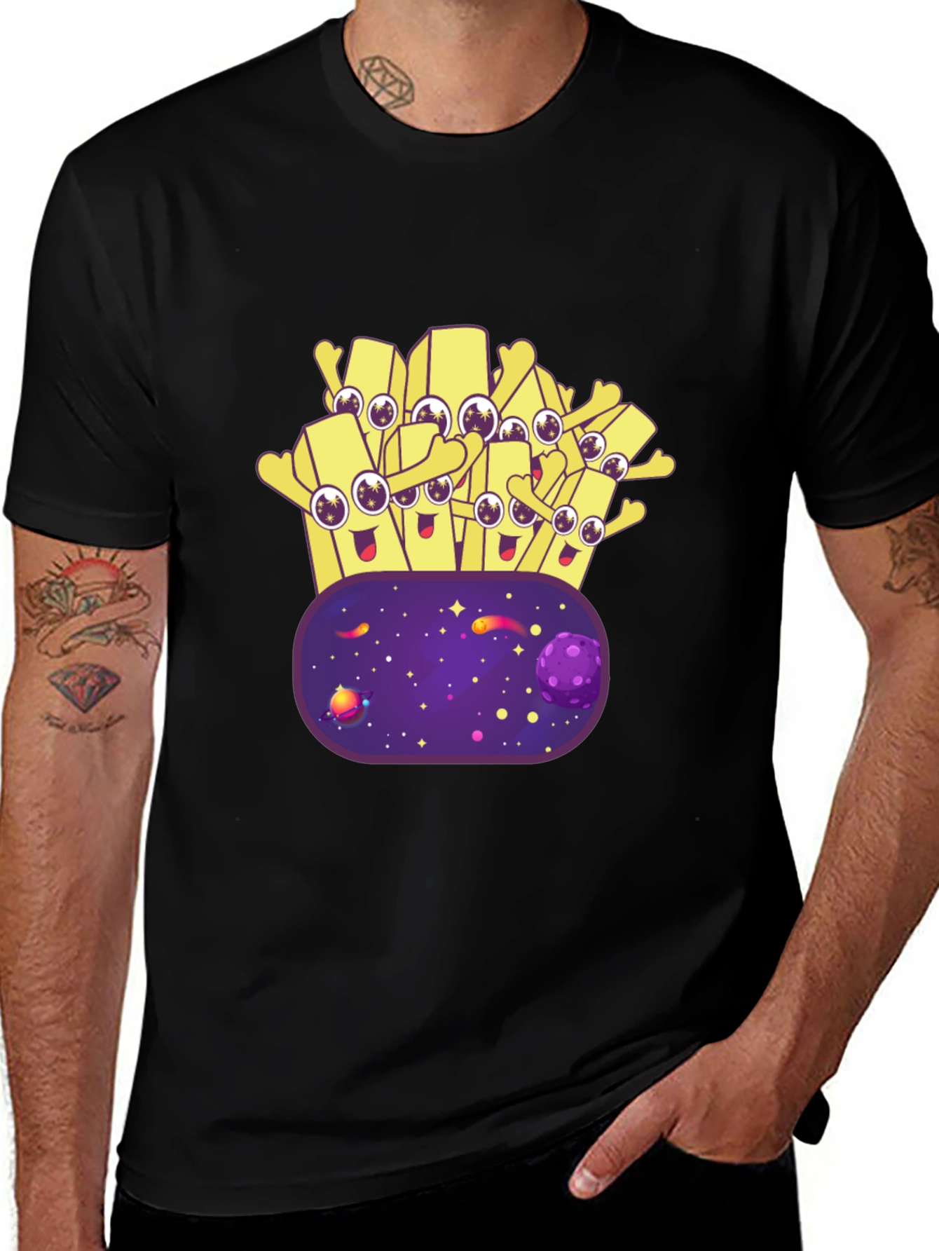Cartoon Fries Galaxy T-Shirt - Black
